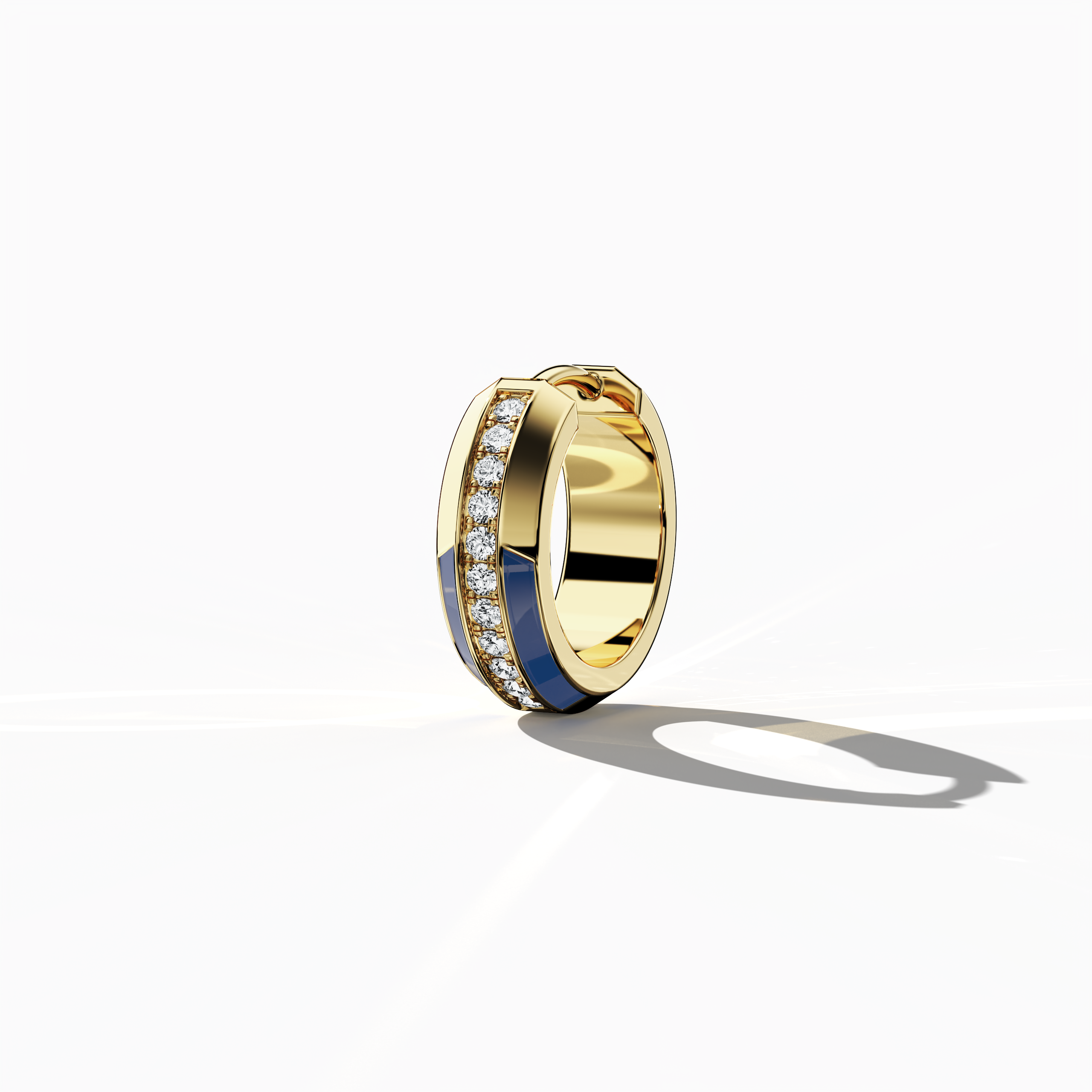 Back side view of Vibrant blue enamel pavé stud earring in yellow gold – a dazzling diamond ear accessory featuring a bold blue enamel finish set amid a meticulous pavé of tiny diamonds on a radiant yellow gold setting, ideal for a standout look.