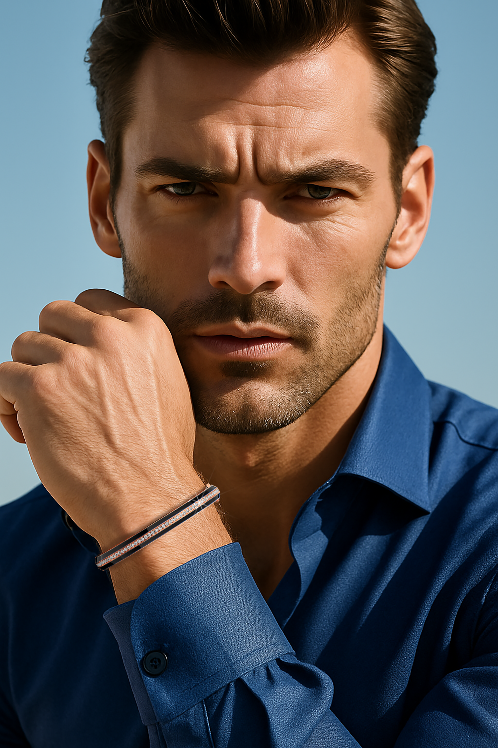 Side enamel center paved bangle in rose gold (also known as pink gold) with black enamel, worn on a masculine wrist. Its 2.60-carat diamond pavé adds a subtle yet luxurious accent, making this bracelet, armlet, kangan, or pulsera a versatile accessory. The sleek design fuses warm-toned metal with bold enamel, offering a sophisticated edge that complements both formal and casual looks. Keywords: bangle, enamel, diamonds, rose gold.
