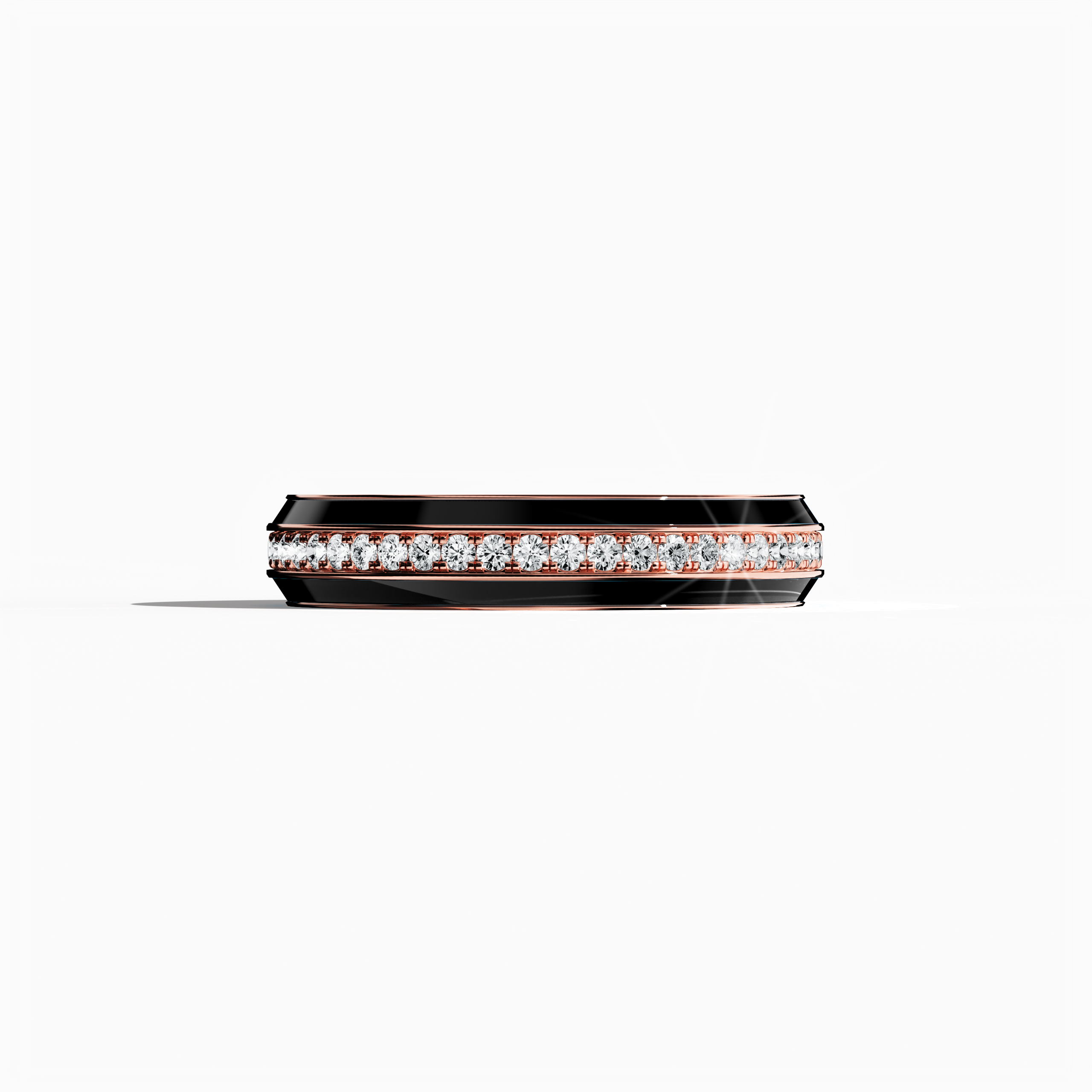 Experience the alluring charm of this rose gold ring, adorned with bold black glossy enamel and a mesmerizing 0.35 carat paved center stone. The elegant pave band design—known as Eternity Pave, Pavé Chic, and Carat Pave—is showcased in a sleeping front view that highlights intricate pavé detailing and the warm radiance of rose gold. This luxurious piece fuses modern sophistication with classic design, exuding refined artistry and timeless elegance.
Keywords: enamel, pave, luxury, designer.