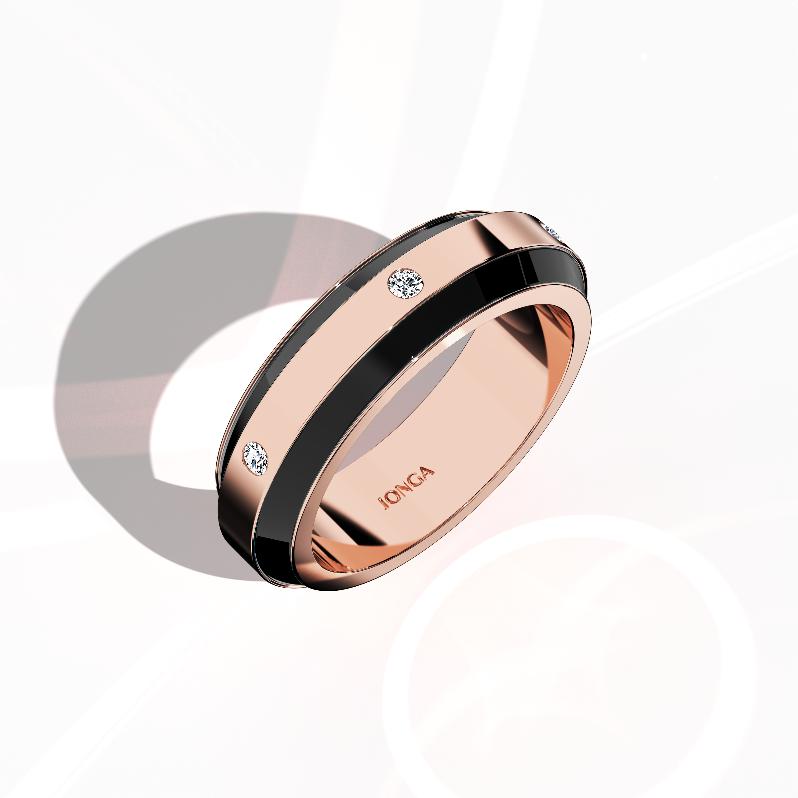 Rendered in sumptuous rose gold paired with rich black enamel, this six‐diamond ring offers a glossy finish and a striking centerline of diamonds (up to 0.20 carats). Referred to as “Luminous Legacy,” “Vintage Elegance,” and “Gilded Grace,” its design reflects contemporary artistry with classic refinement. Captured in a standing front top side view, the image showcases intricate detailing and keywords: luxury, designer, handcrafted, fine jewelry.