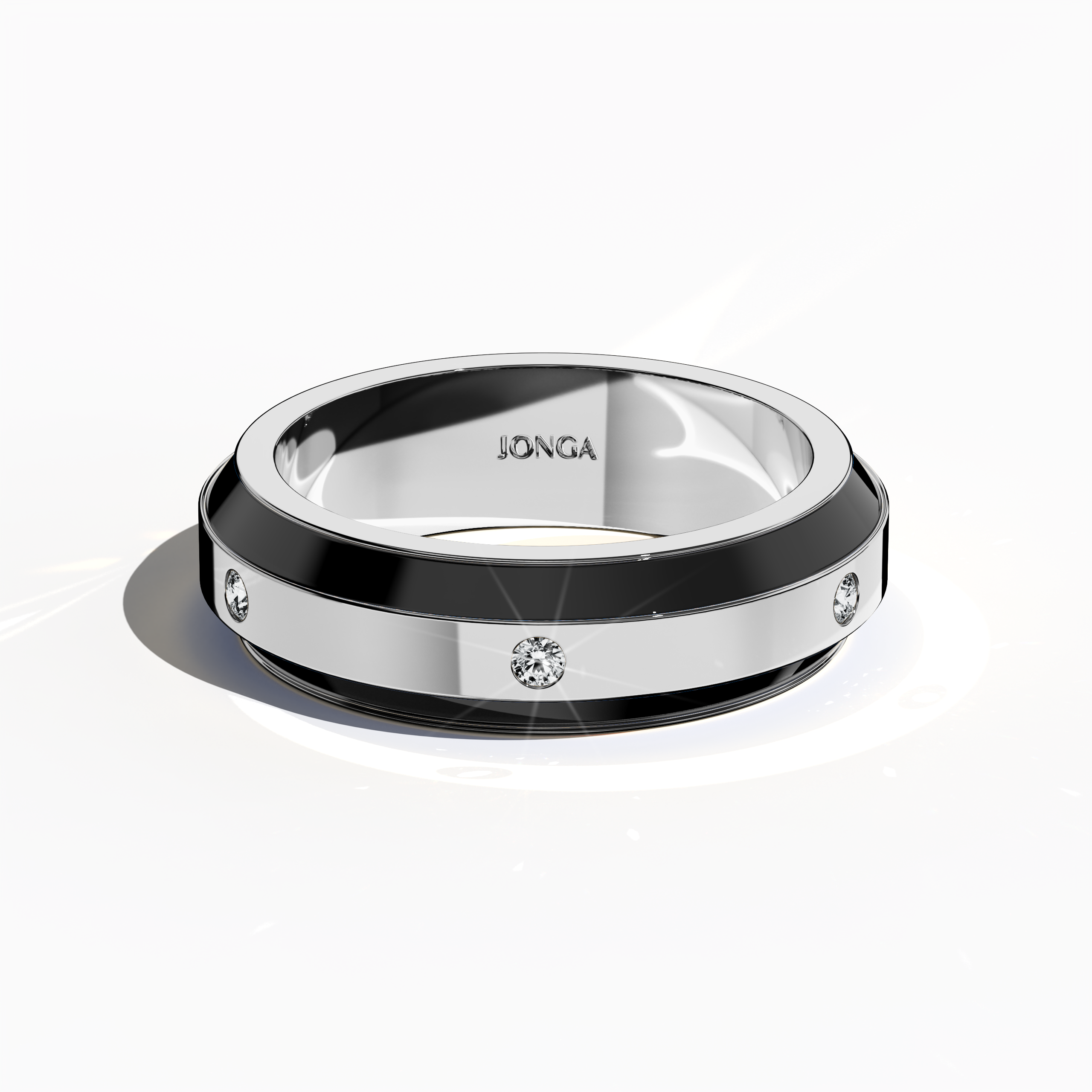 Masterfully designed in white gold with striking black enamel, this six‐diamond ring boasts a glossy finish and an impeccably aligned centerline of dazzling diamonds (up to 0.20 carats). Also referred to as “Celestial Harmony,” “Six Star,” and “Diamond Serenity,” its refined form marries contemporary flair with classic sophistication. Captured from a sleeping front top view, the image emphasizes exquisite detailing, luxurious craftsmanship, and keywords: luxury, designer, fine jewelry, artisanal.