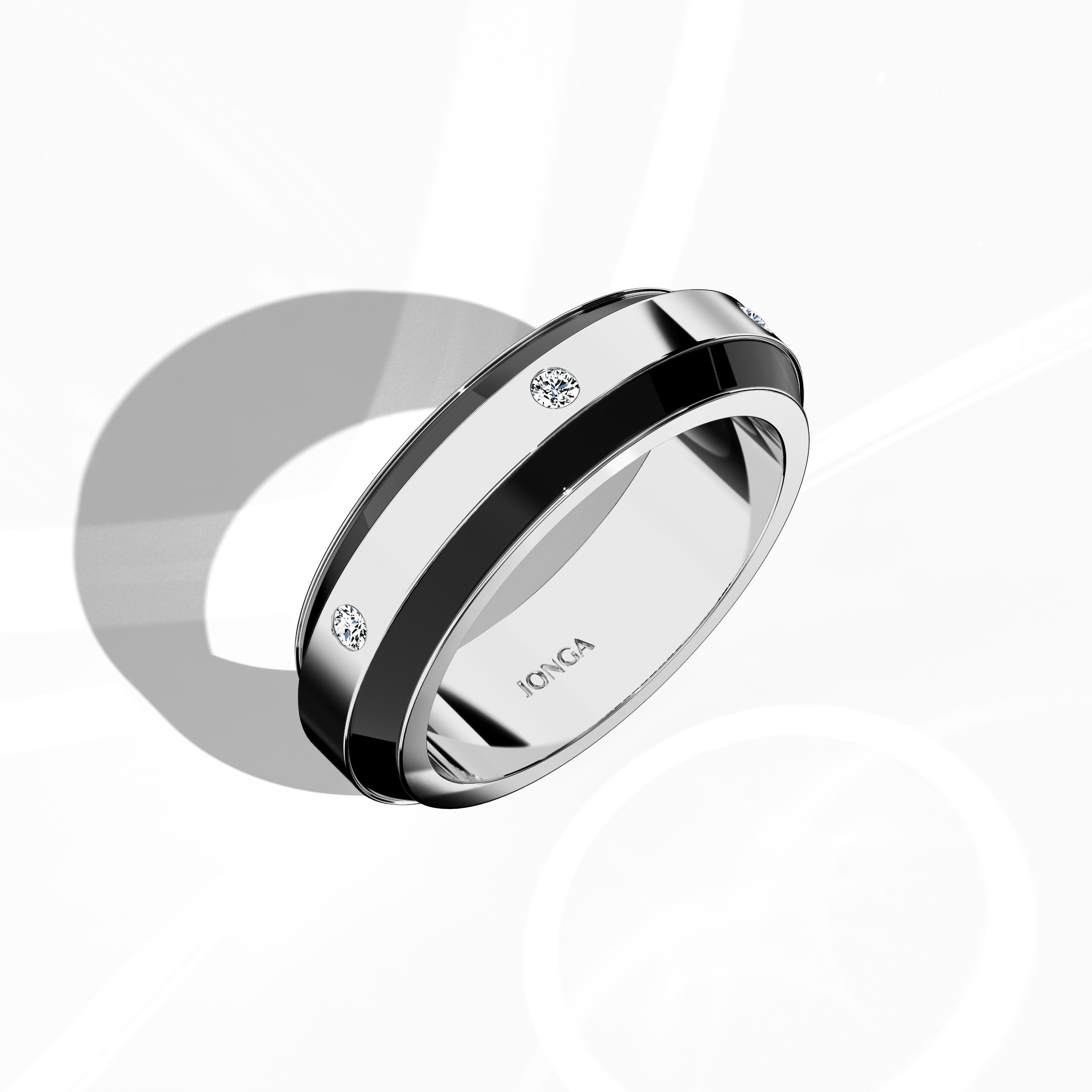 Elegantly rendered in white gold with contrasting black enamel, this six‐diamond ring displays a glossy finish and a delicate centerline of shimmering diamonds (up to 0.20 carats). Referred to as “Diamond Serenity,” “Celestial Harmony,” and “Six Star,” its design exudes modern sophistication and timeless allure. Captured in a standing front top side view, the image reveals refined artistry, intricate detailing, and keywords: luxury, handcrafted, designer, fine jewelry.