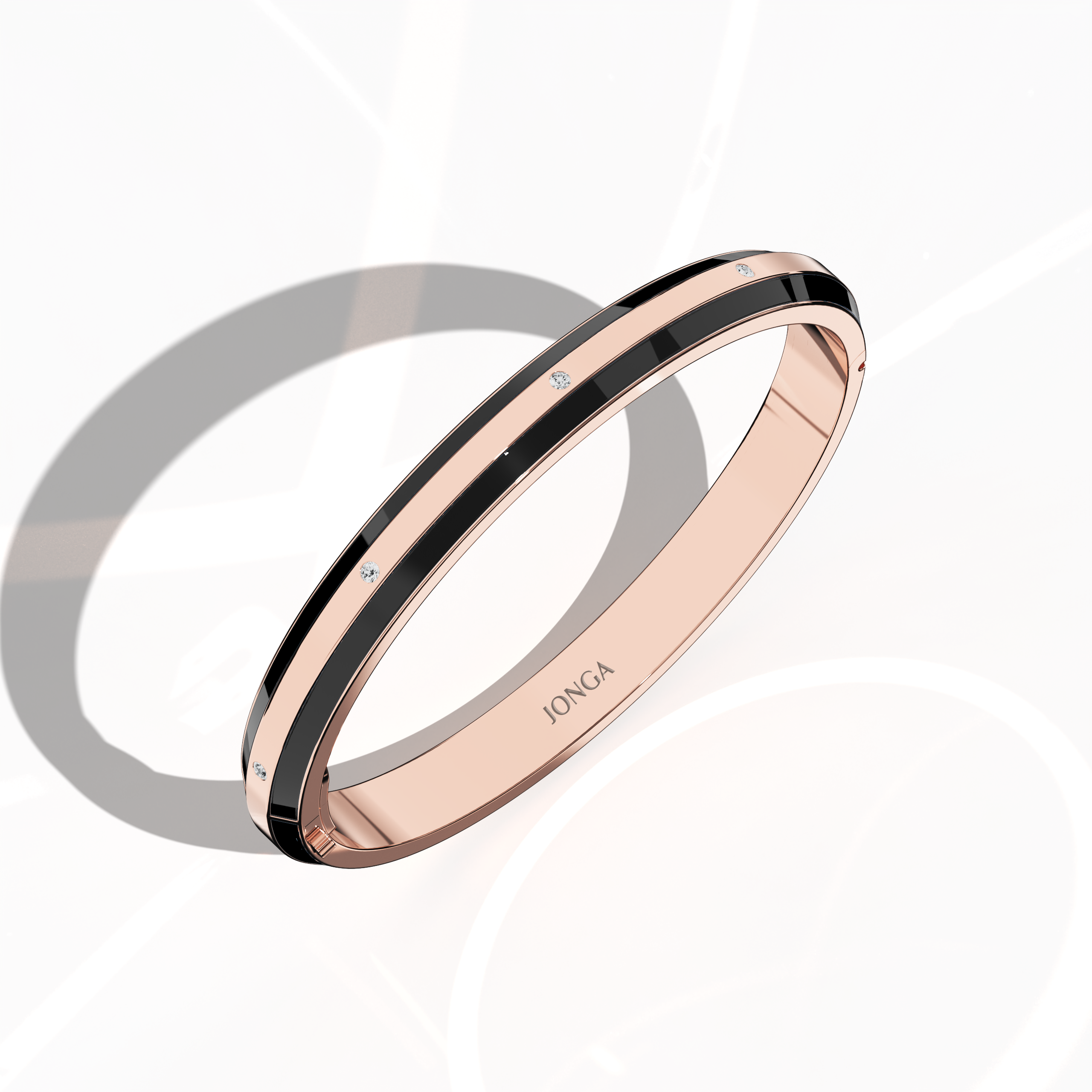 Standing front top side view of a side enamel 9-Diamonds bangle featuring 0.25 carat total diamond weight in refined rose gold—often described as pink gold, red gold, or blush gold. Known as a diamond-encrusted bracelet, kada, or armlet, it showcases a glossy black enamel border framing nine radiant diamonds. Keywords: diamond bangle, rose gold, black enamel, 9 diamonds, unisex.