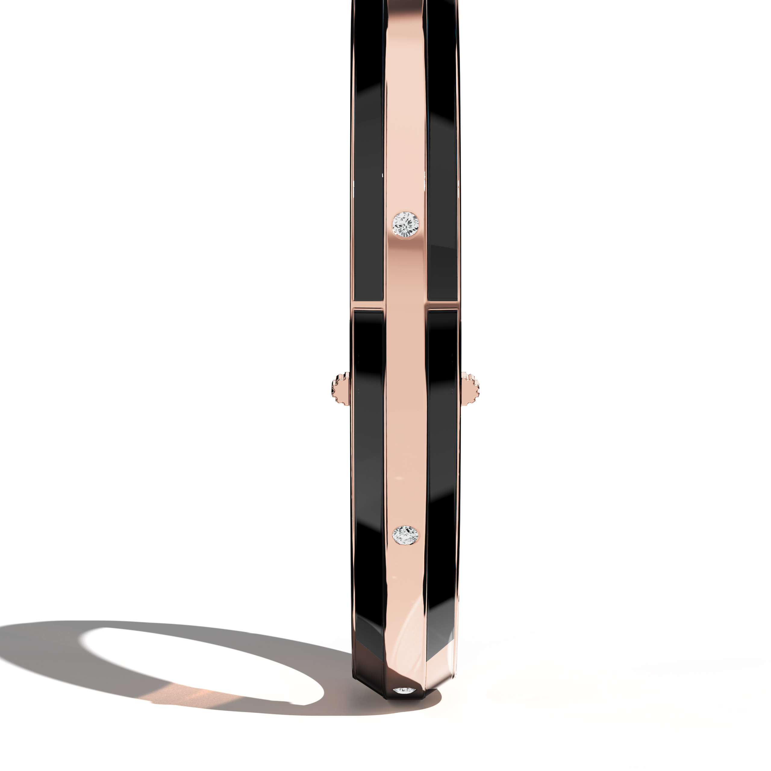 Standing side view of a side enamel 9-Diamonds bangle, holding 0.25 carat total diamond weight in delicate rose gold—sometimes labeled pink gold, red gold, or blush gold. This design, recognized as a diamond-encrusted bracelet, kada, or armlet, displays a sleek black enamel trim that spotlights nine shimmering diamonds. Keywords: diamond bangle, rose gold, black enamel, 9 diamonds, elegance.