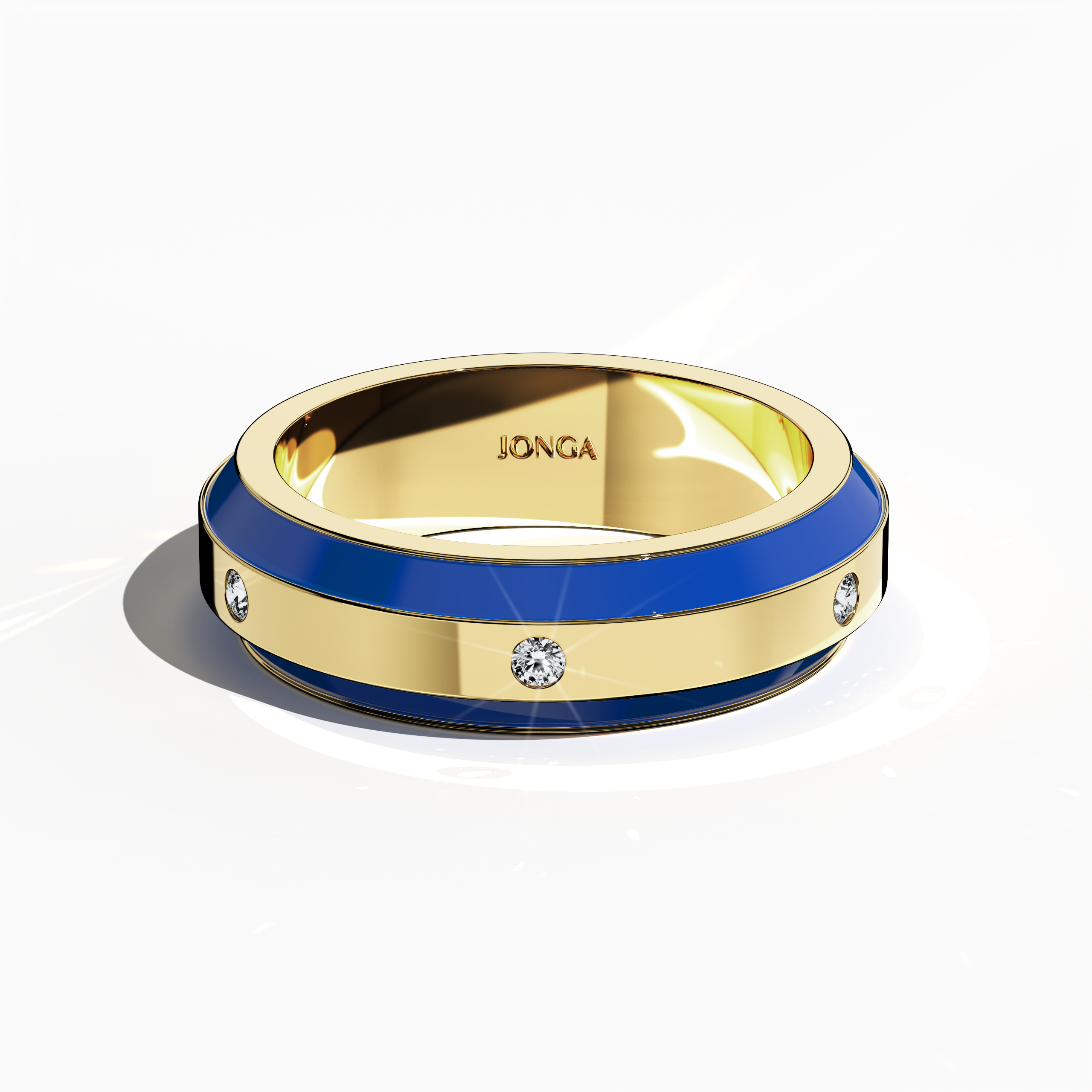 Rendered in yellow gold with dynamic blue enamel, this six‐diamond ring offers a glossy finish and a striking centerline of luminous diamonds (up to 0.20 carats). Known as “Timeless Chic,” “Golden Allure,” and “Radiant Curve,” its design reflects contemporary sophistication and classic beauty. Captured in a standing front top side view, the image showcases refined detailing and keywords: luxury, designer, handcrafted, fine jewelry.