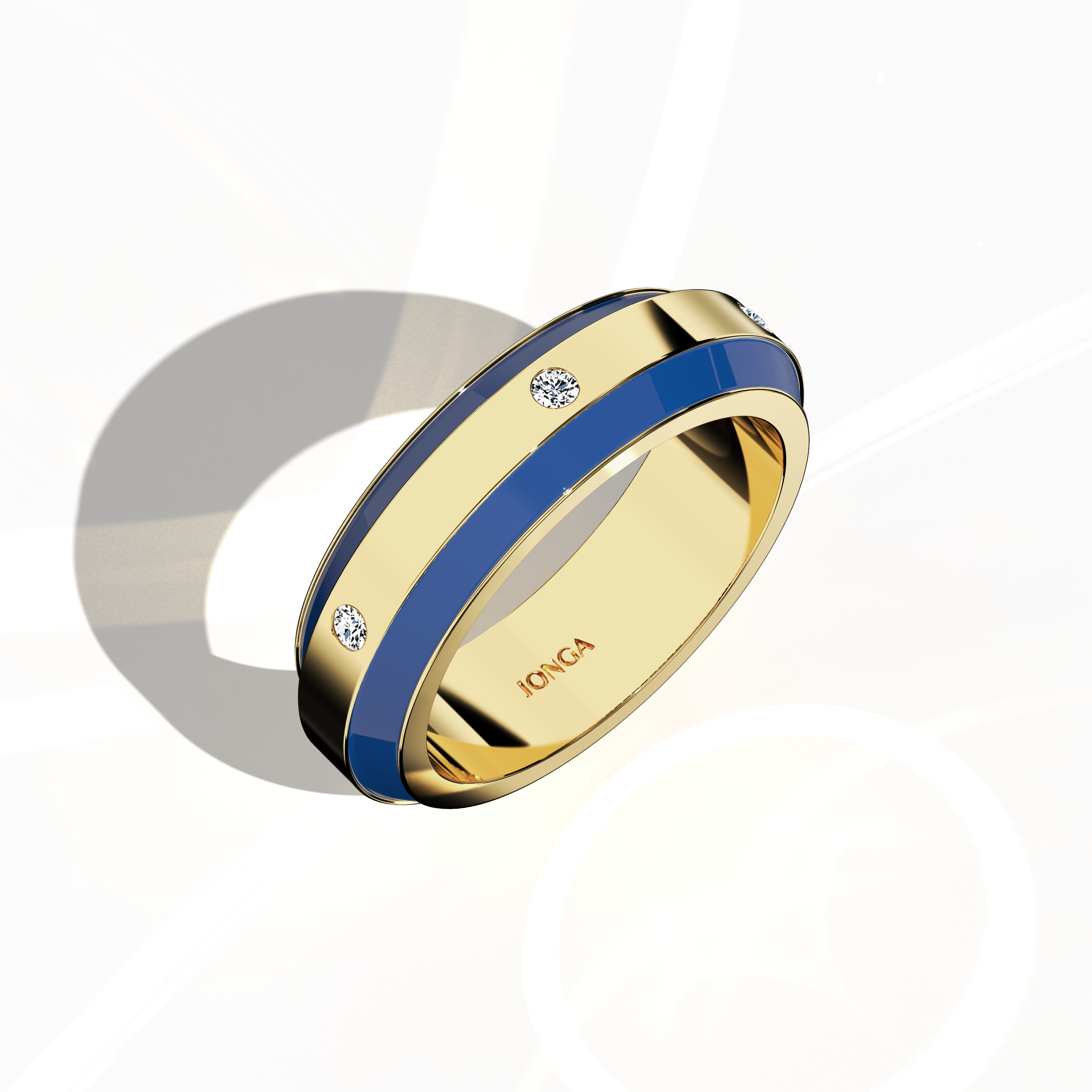 Rendered in yellow gold with dynamic blue enamel, this six‐diamond ring offers a glossy finish and a striking centerline of luminous diamonds (up to 0.20 carats). Known as “Timeless Chic,” “Golden Allure,” and “Radiant Curve,” its design reflects contemporary sophistication and classic beauty. Captured in a standing front top side view, the image showcases refined detailing and keywords: luxury, designer, handcrafted, fine jewelry.