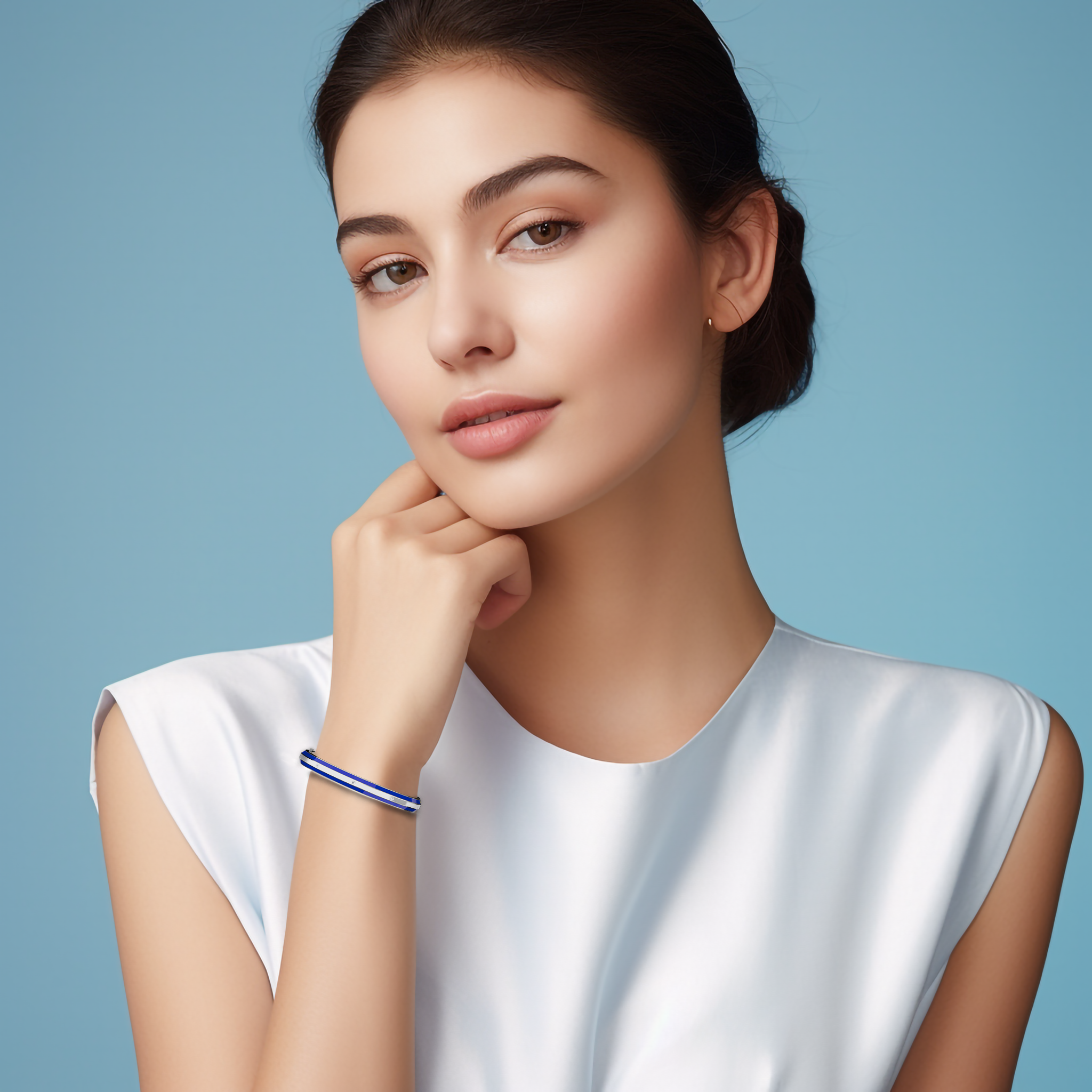 Shown on her, this side enamel 9-Diamonds bangle with 0.25 carat total diamond weight radiates modern sophistication in white gold—often called pale gold or silver-toned gold. Also described as a diamond-encrusted bracelet, kada, or armlet, it boasts a striking blue enamel edge adorned with nine dazzling diamonds. Keywords: diamond bangle, white gold, blue enamel, 9 diamonds, women's style.