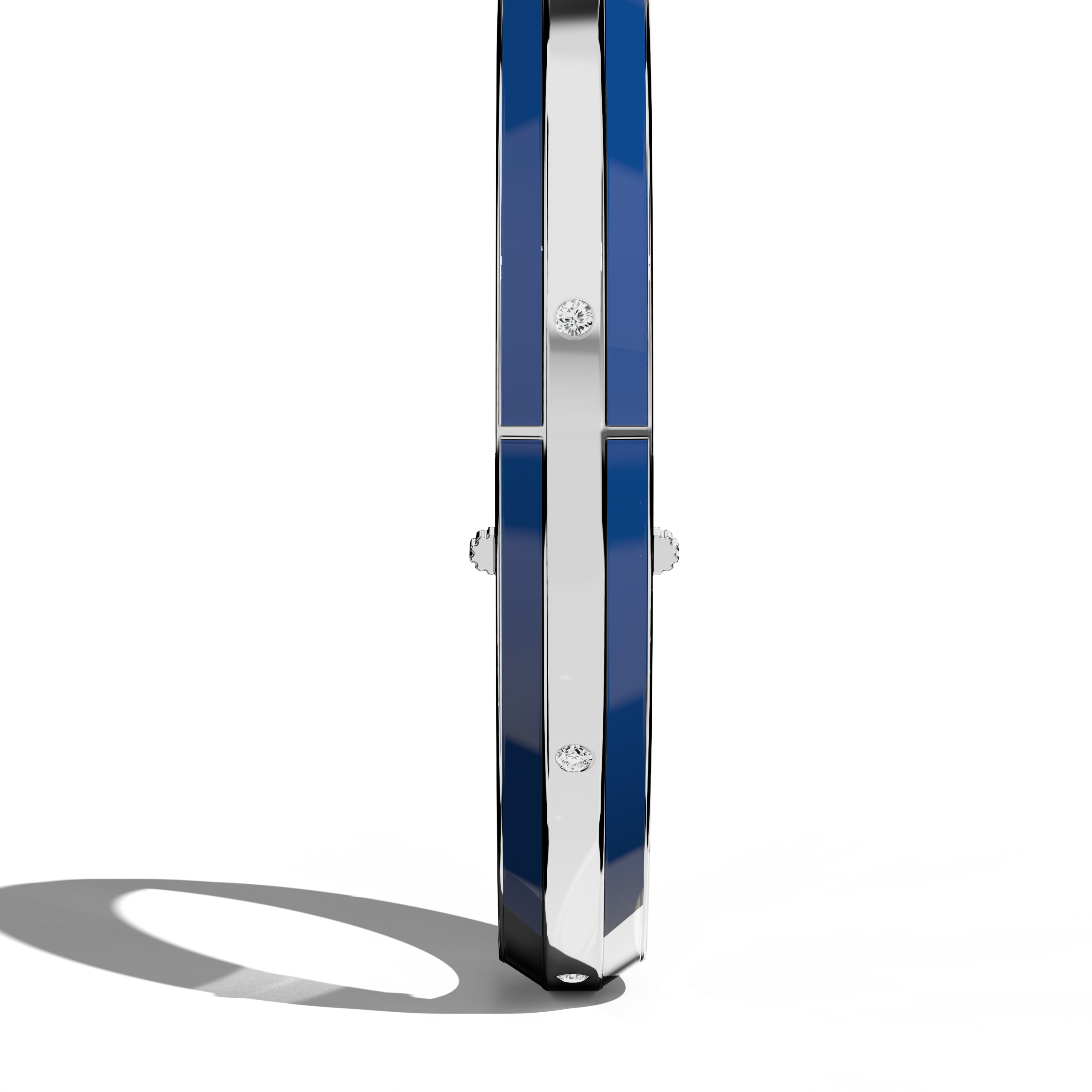 Standing side view of a side enamel 9-Diamonds bangle, showcasing 0.25 carat total diamond weight in elegant white gold—sometimes labeled pale gold or silver-toned gold. Also known as a diamond-encrusted bracelet, kada, or armlet, its glossy blue enamel edge emphasizes the nine sparkling diamonds. A timeless unisex statement. Keywords: diamond bangle, white gold, blue enamel, 9 diamonds, timeless.