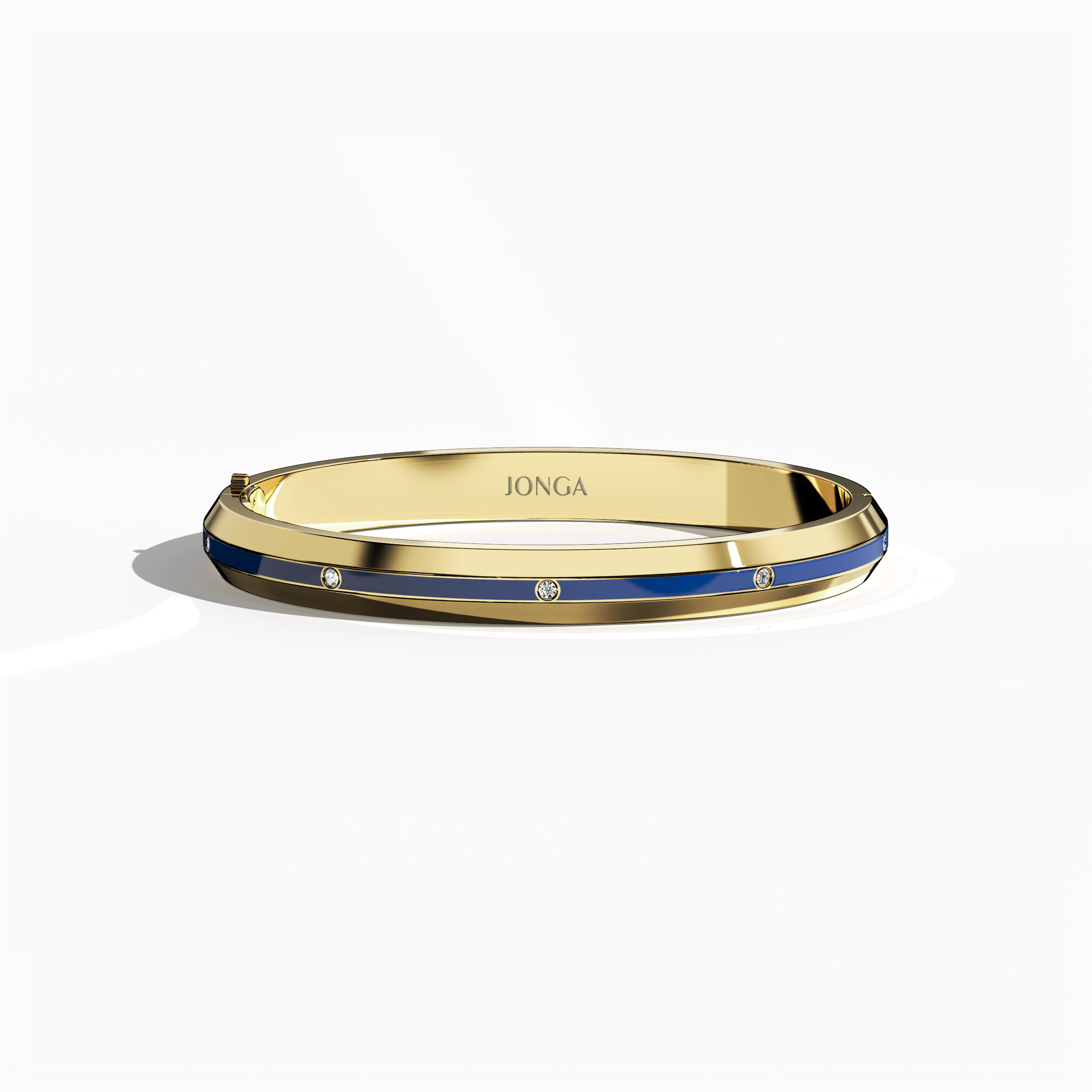 Front top view of a center enamel 9-Diamonds bangle with 0.25 carat total diamond weight in radiant yellow gold—sometimes described as golden, sunlit gold, or traditional gold. Recognized as a diamond-encrusted bracelet, kada, or armlet in various regions, it features a striking blue enamel panel—navy or sapphire toned—surrounding nine sparkling diamonds. Keywords: diamond bangle, yellow gold, blue enamel, 9 diamonds, style.