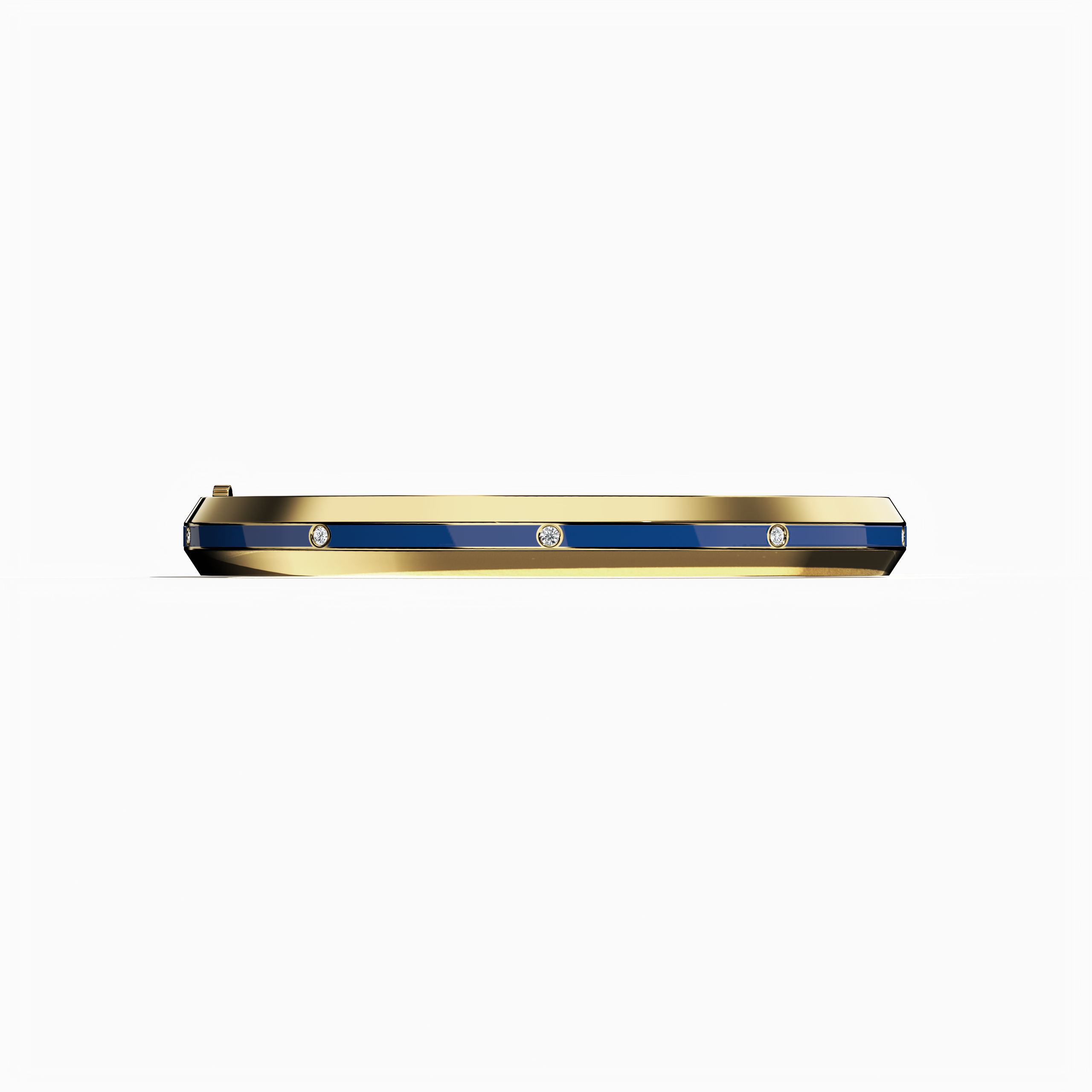 Front view of a center enamel 9-Diamonds bangle featuring 0.25 carat total diamond weight in classic yellow gold—often referred to as golden, sunlit gold, or traditional gold. Called a diamond-encrusted bracelet, kada, or armlet, it highlights a bold blue enamel center—navy or sapphire toned—enhanced by nine brilliant diamonds. Keywords: diamond bangle, yellow gold, blue enamel, 9 diamonds, unisex.