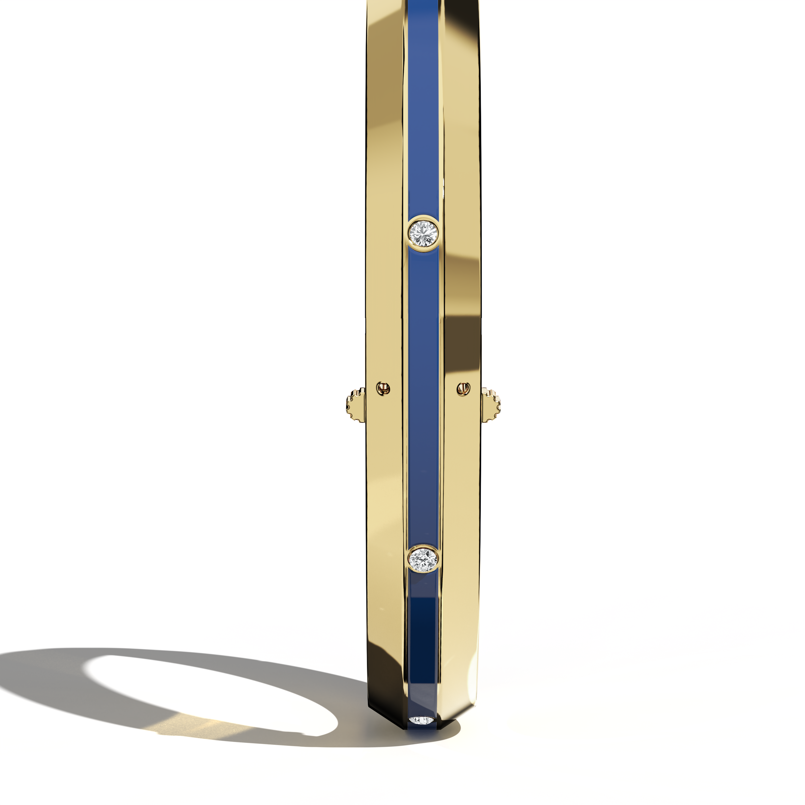 Standing side view of a center enamel 9-Diamonds bangle presenting 0.25 carat total diamond weight in luminous yellow gold—often labeled golden, sunlit gold, or traditional gold. This piece, identified as a diamond-encrusted bracelet, kada, or armlet, showcases a bold blue enamel center—navy or sapphire toned—framing nine dazzling diamonds. Keywords: diamond bangle, yellow gold, blue enamel, 9 diamonds, elegance.