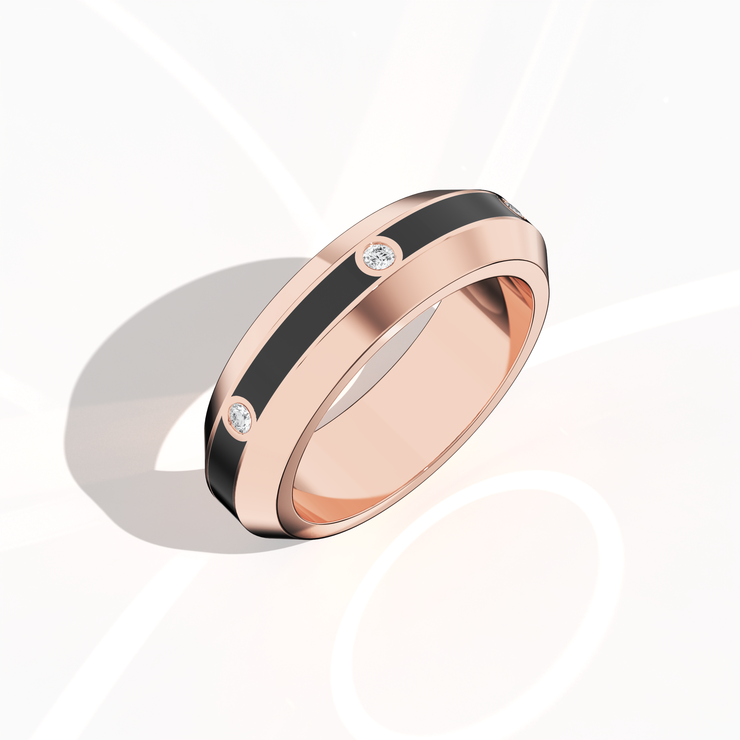 From a standing front top side view, the six diamond center step enamel ring in rose gold with bold black glossy enamel is showcased with an emphasis on its sculpted contours and 0.20-carat diamond detail. The design, bearing names like ‘Blush Elegance’ and ‘Rose Noir Splendor,’ embodies an innovative twist on classic luxury, merging modern precision with timeless style. Keywords: rose gold ring, enamel finish, diamond accent, luxury jewelry, modern design, elegant, high-end.