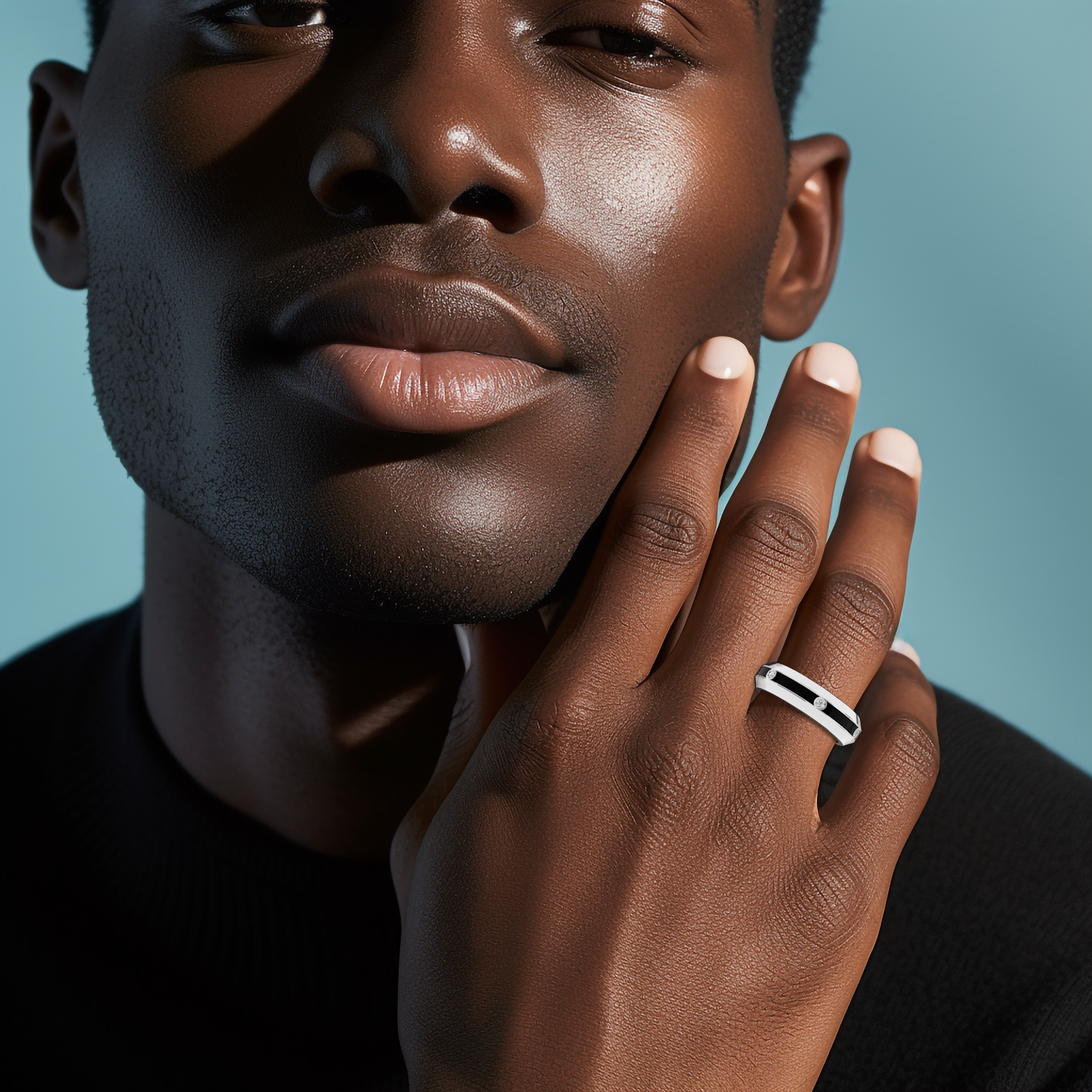 Displayed on a model’s hand, this six diamond center step enamel ring in white gold with dramatic black glossy enamel radiates sophistication. The 0.20-carat diamond array along its center line, highlighted by its smooth finish, confirms its status as a piece of ‘Sterling Radiance’ or ‘Luminous White Elegance’ design. The image conveys high-end craftsmanship and a fusion of modern aesthetics with classic luxury. Keywords: white gold ring, enamel, diamond, designer jewelry, elegant, refined, luxury.