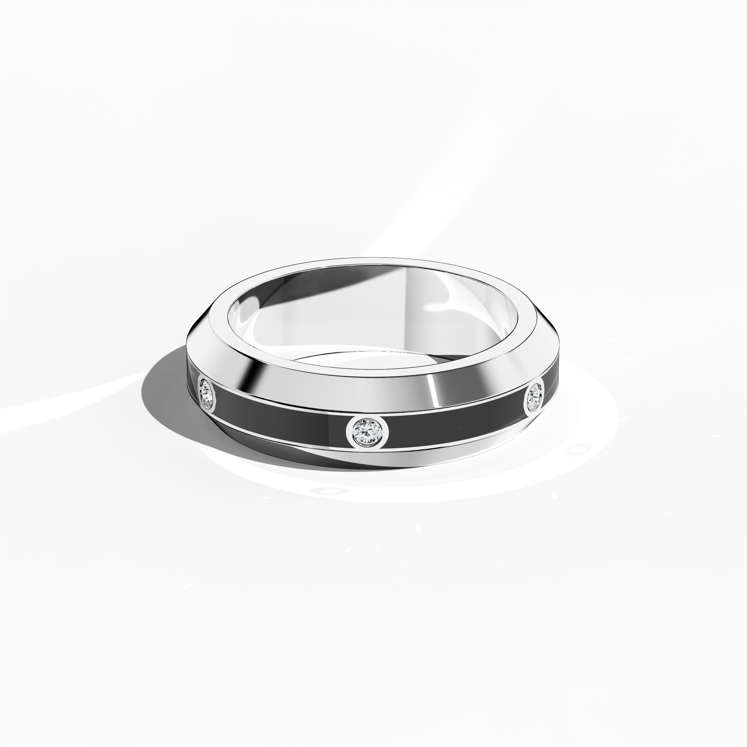 In a sleeping front top view, this white gold six diamond center step enamel ring with striking black glossy enamel is artfully displayed. Its meticulously set 0.20-carat diamond center line and smooth enamel finish reveal the exceptional craftsmanship behind the ‘Sterling Radiance’ or ‘Luminous White Elegance’ design. The image captures a balance of classic sophistication and contemporary style. Keywords: diamond ring, enamel, white gold, modern design, luxury, fine craftsmanship.