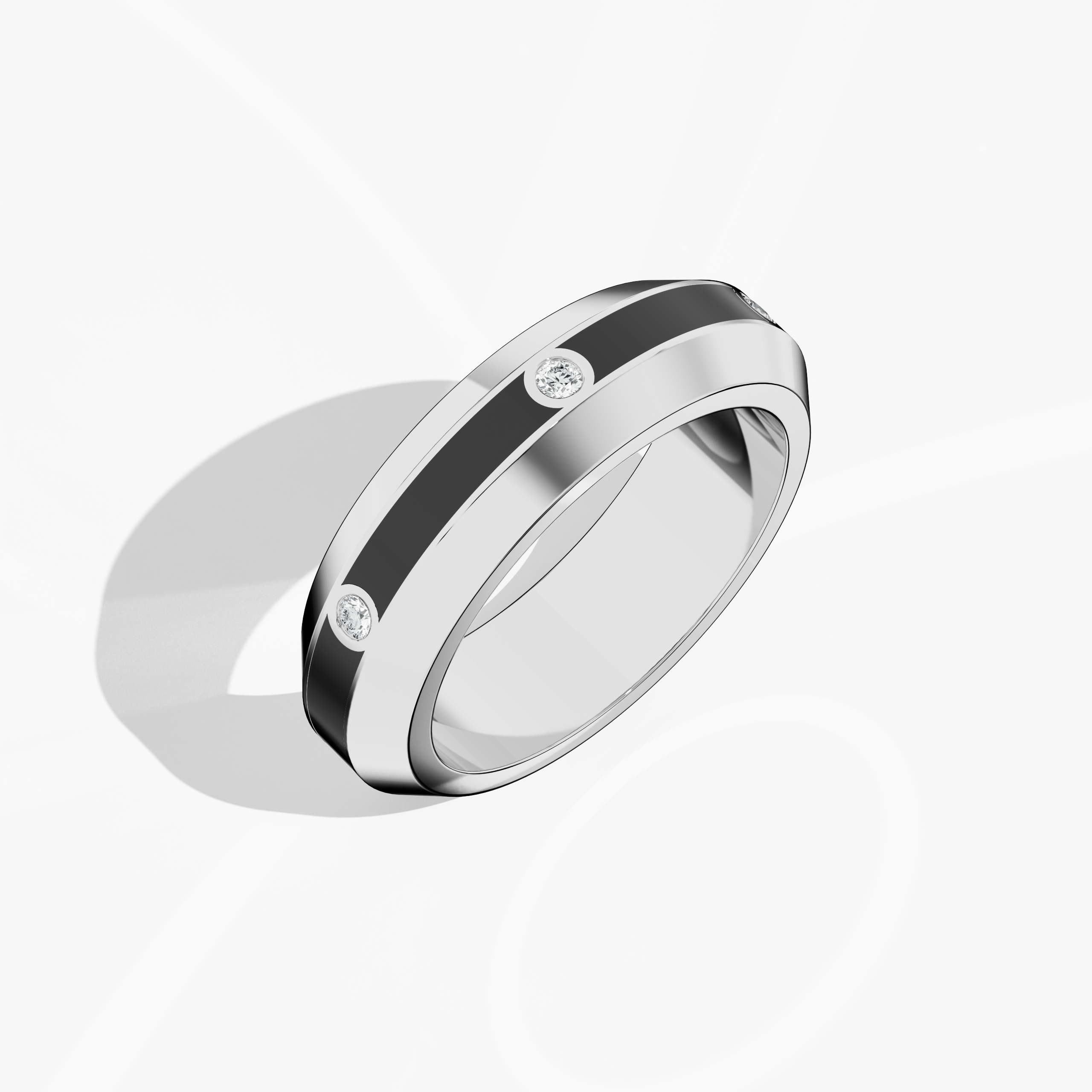Presented from a standing front top side view, the six diamond center step enamel ring in white gold with deep black glossy enamel showcases a refined profile and intricate details. The 0.20-carat diamond line and smooth enamel surface echo the celebrated ‘Sterling Radiance’ and ‘Luminous White Elegance’ styles—synonymous with international luxury and innovative design. Keywords: designer ring, white gold, enamel finish, diamond detail, luxury jewelry, modern, elegant.