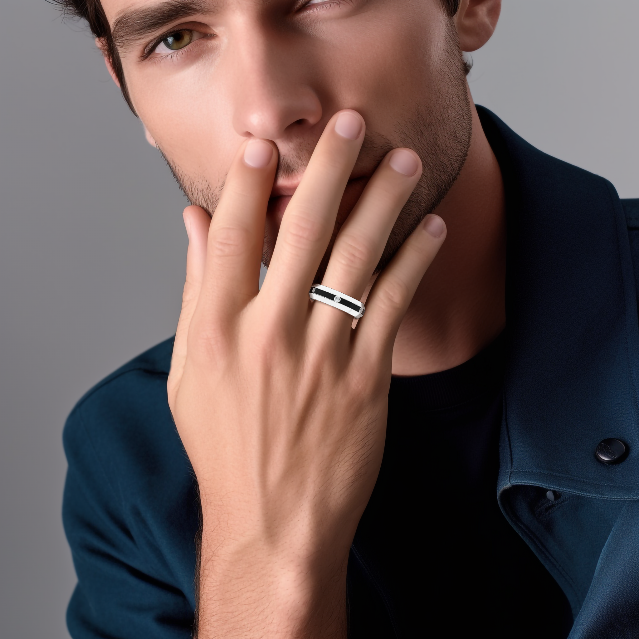 Displayed on a model’s hand, this six diamond center step enamel ring in white gold with dramatic black glossy enamel radiates sophistication. The 0.20-carat diamond array along its center line, highlighted by its smooth finish, confirms its status as a piece of ‘Sterling Radiance’ or ‘Luminous White Elegance’ design. The image conveys high-end craftsmanship and a fusion of modern aesthetics with classic luxury. Keywords: white gold ring, enamel, diamond, designer jewelry, elegant, refined, luxury.