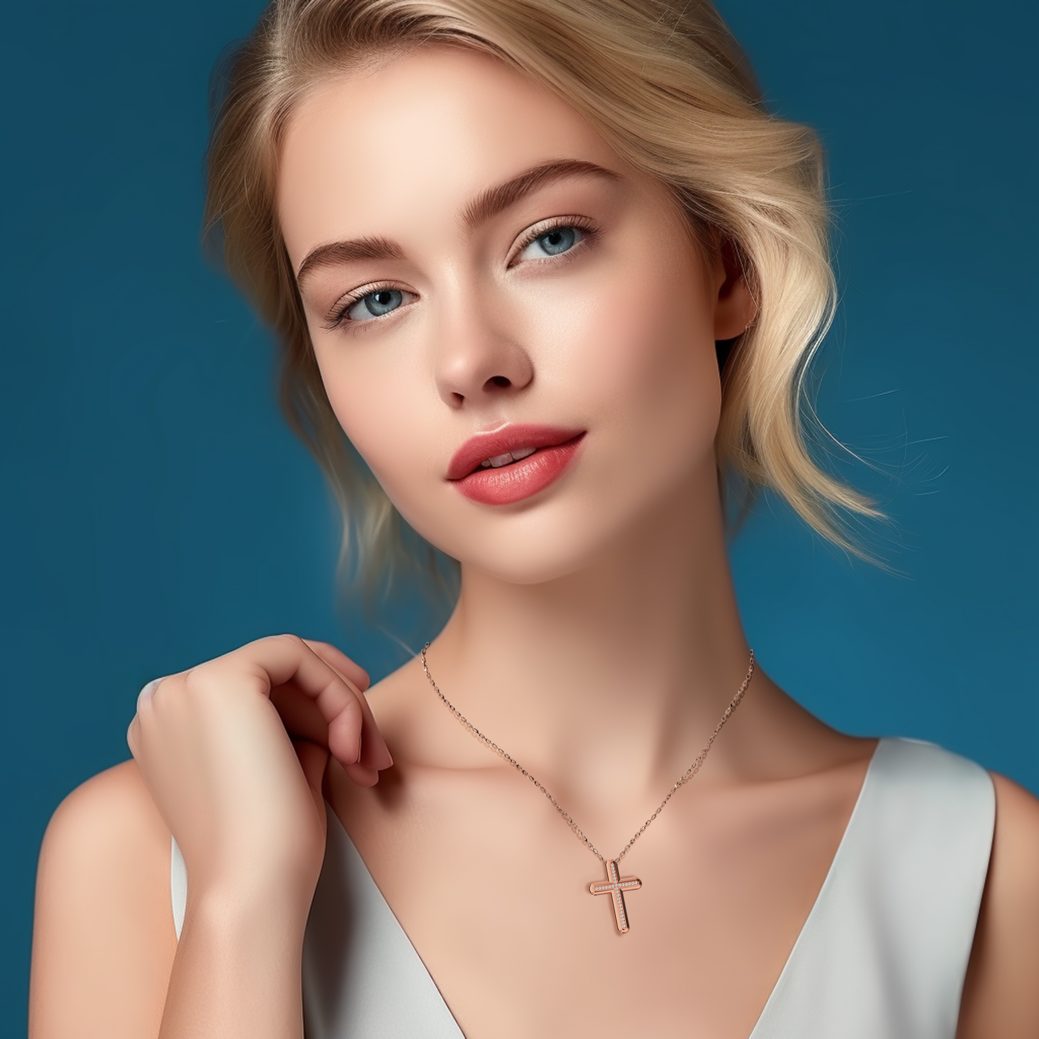 A woman wears a center paved cross pendant in softly radiant rose gold, occasionally labeled pink or blush gold, highlighting 0.20 carat of pavé diamonds at its core. Known as a diamond pavé cross or shimmering cross, it drapes gracefully on her neckline, blending timeless symbolism with modern sophistication. Its polished finish and gentle rosy tone enhance casual looks or formal ensembles alike.
Keywords: center paved cross, rose gold, 0.20 carat diamond, versatile jewelry.