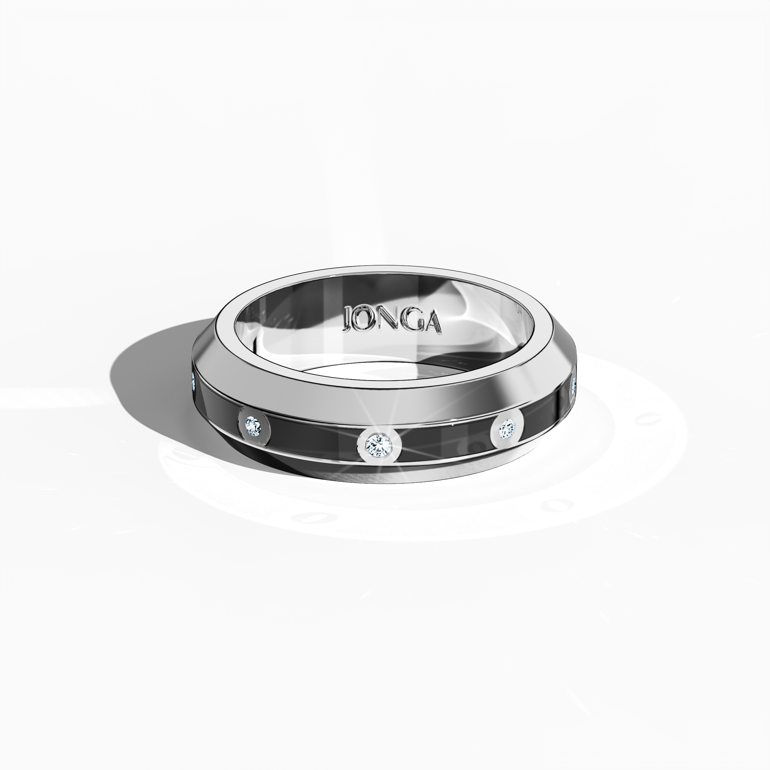 In a sleeping front top view, this white gold nine diamond center step enamel ring with striking black glossy enamel is artfully displayed. Its meticulously set 0.30-carat diamond center line and smooth enamel finish reveal the exceptional craftsmanship behind the ‘Sterling Radiance’ or ‘Luminous White Elegance’ design. The image captures a balance of classic sophistication and contemporary style. Keywords: diamond ring, enamel, white gold, modern design, luxury, fine craftsmanship.