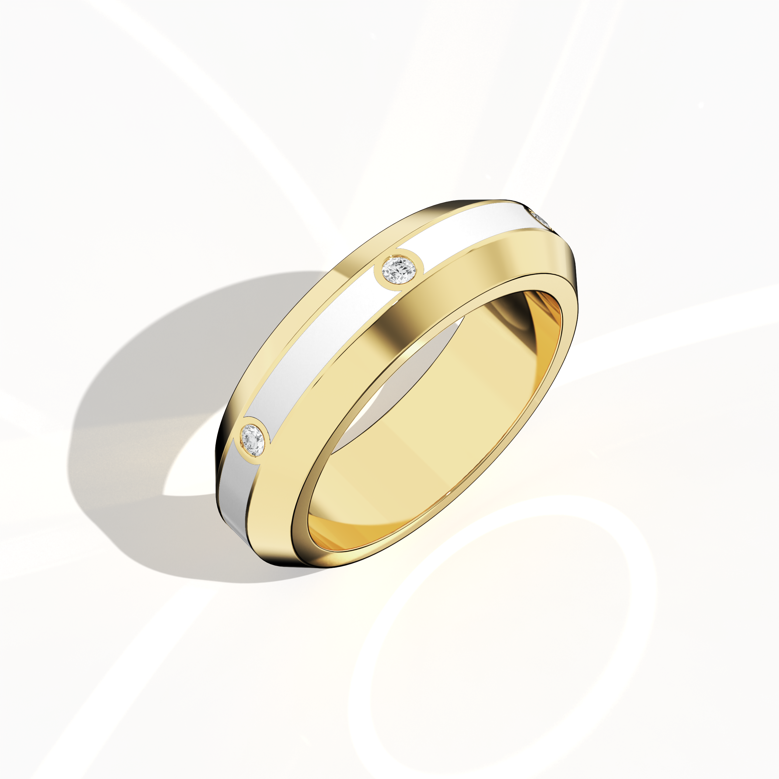 From a standing front top side view, this six diamond center step enamel ring in yellow gold with a radiant white glossy enamel finish is showcased with detailed precision. Its 0.20-carat diamond line, integral to the ‘Golden Classic’ or ‘Sunlit Heritage’ design, highlights a perfect blend of modern sophistication and timeless luxury, reflecting exceptional artistry and refined craftsmanship. Keywords: yellow gold, white enamel, diamond ring, luxury, designer, modern, elegant, high-end.