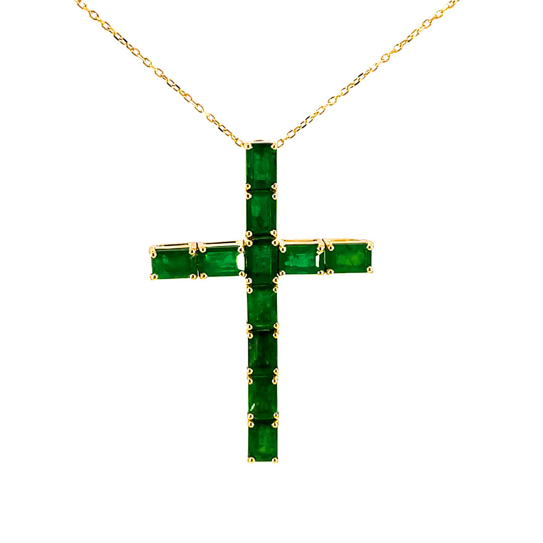 Green Emerald Cross Pendant in yellow gold 6.05 carat Zambian emeralds IGI certified 18K white gold handcrafted in Dubai