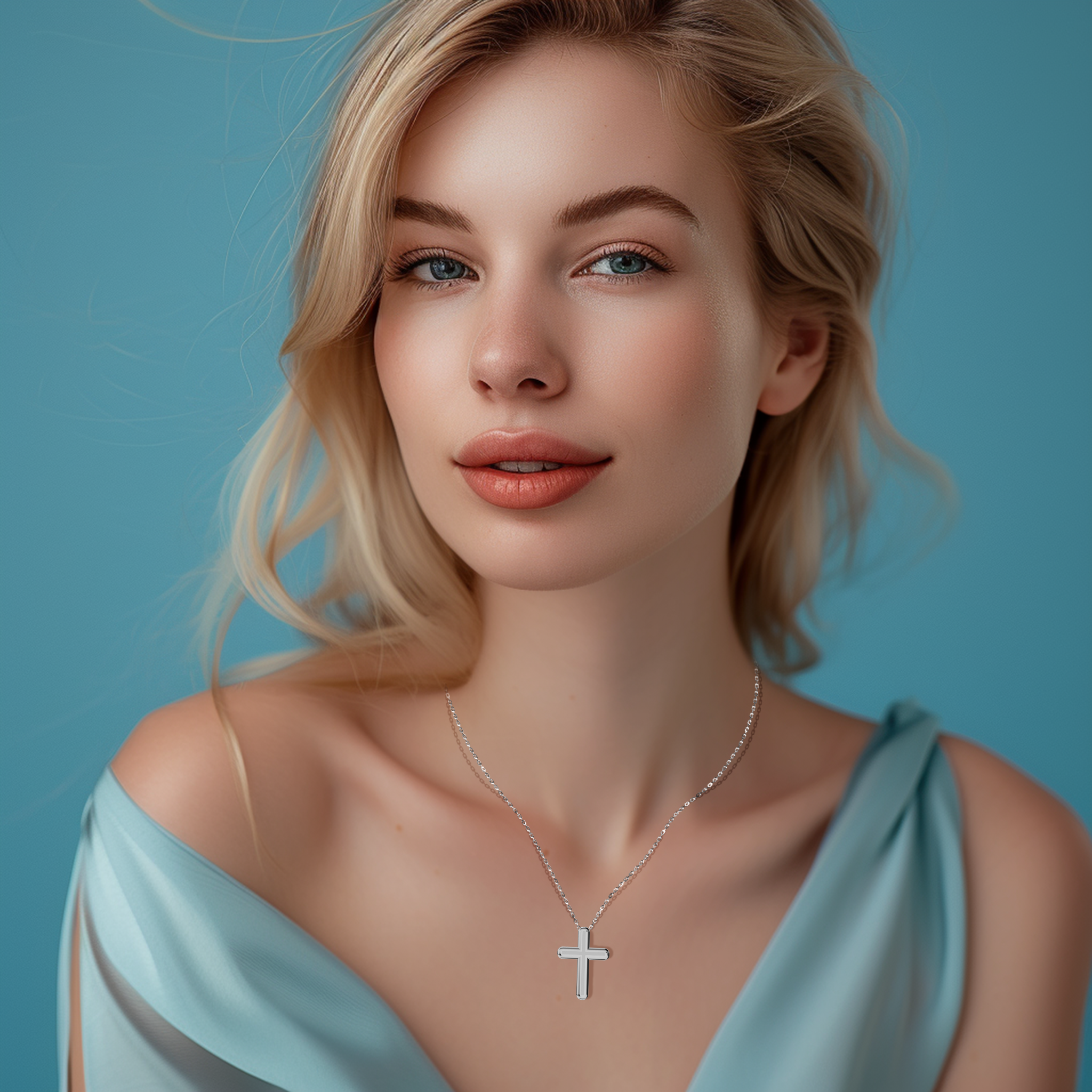 A woman wears a cross pendant in gleaming white gold, often called pale or silver‑hued gold in different locales. This religious pendant, also referred to as a holy cross or sacred necklace, rests gracefully on her neckline. Its smooth edges and enduring shape offer a balance of faith and style, enhancing both casual and formal outfits with understated sophistication.
Keywords: cross pendant, white gold, holy cross, stylish jewelry.
