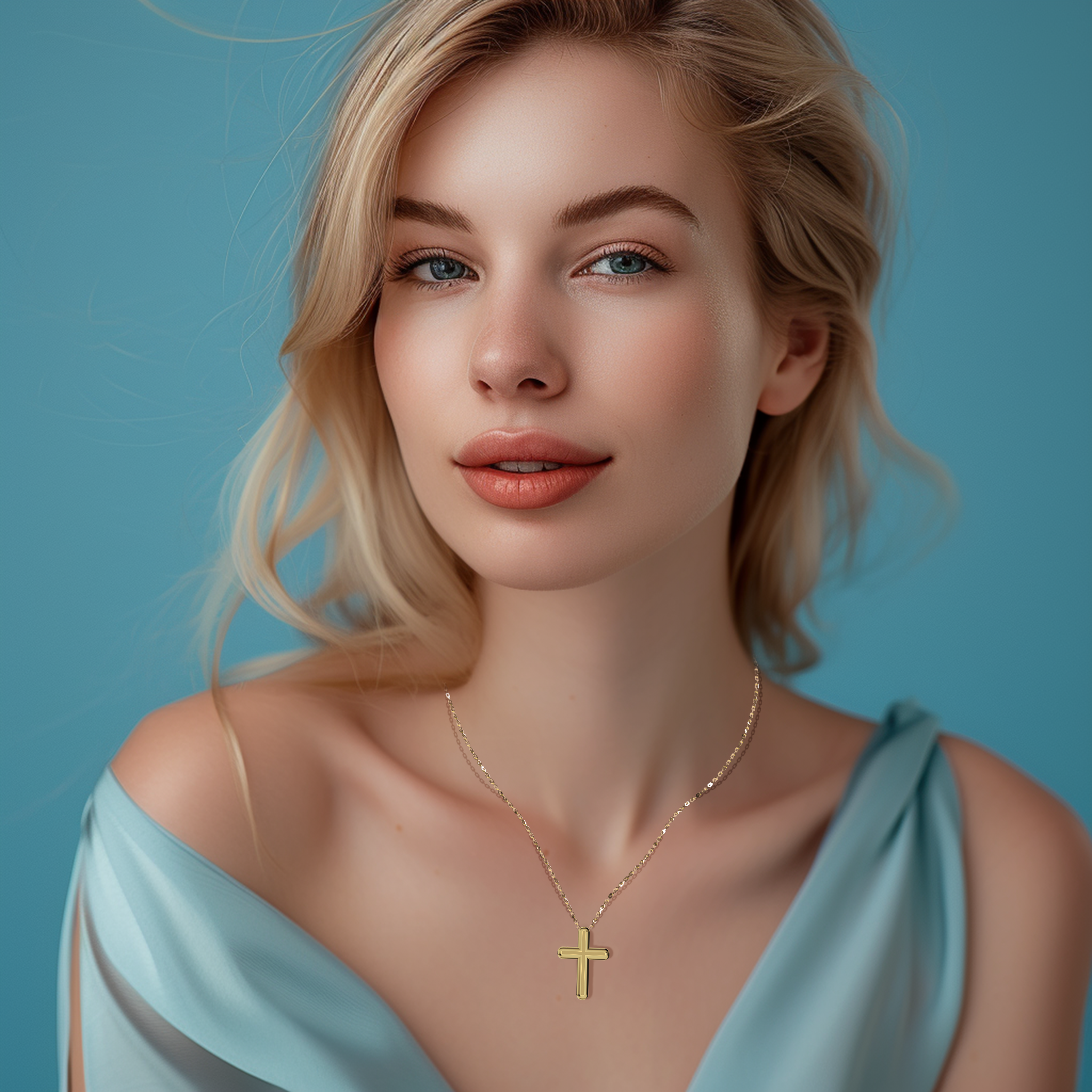 A woman wearing a cross pendant in radiant yellow gold, sometimes described as traditional or golden‑hued metal in different locales. This religious pendant, also referred to as a devotion piece or sacred symbol, sits elegantly on her neckline. Its enduring shape and bright glow convey a seamless mix of faith and modern style, fitting a range of personal aesthetics.
Keywords: cross pendant, yellow gold, religious pendant, versatile design.