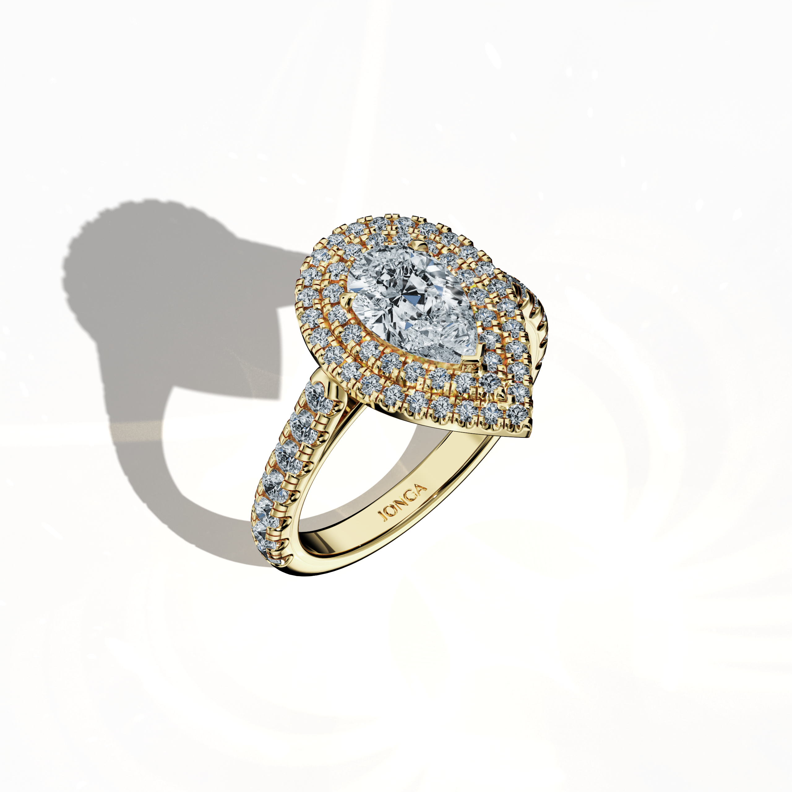 Striking depiction of a double halo diamond ring in radiant yellow gold (classic gold/sunlit gold) captured in a standing front top side view. Featuring a captivating 1ct pear‐cut center diamond (teardrop, waterdrop) embraced by a pave halo of up to 1ct side diamonds, its design spans double halo, pavé halo, twin halo, cathedral halo, vintage halo, and contemporary halo styles. This view exudes refined opulence, meticulous craftsmanship, and a blend of timeless and modern international elegance.