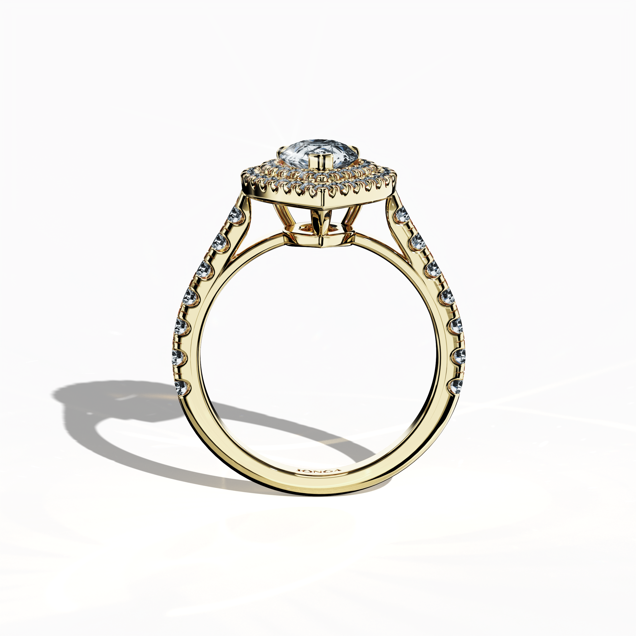 Visual display of a stunning double halo diamond ring in vibrant yellow gold (classic gold/sunlit gold) shown in a standing front view. The ring boasts a mesmerizing 1ct pear‐cut center diamond—also known as teardrop or waterdrop—paired with up to 1ct of flawlessly paved side diamonds. With design motifs including double halo, pavé halo, twin halo, cathedral halo, vintage halo, and contemporary halo, it exudes refined opulence, exquisite craftsmanship, and international allure.