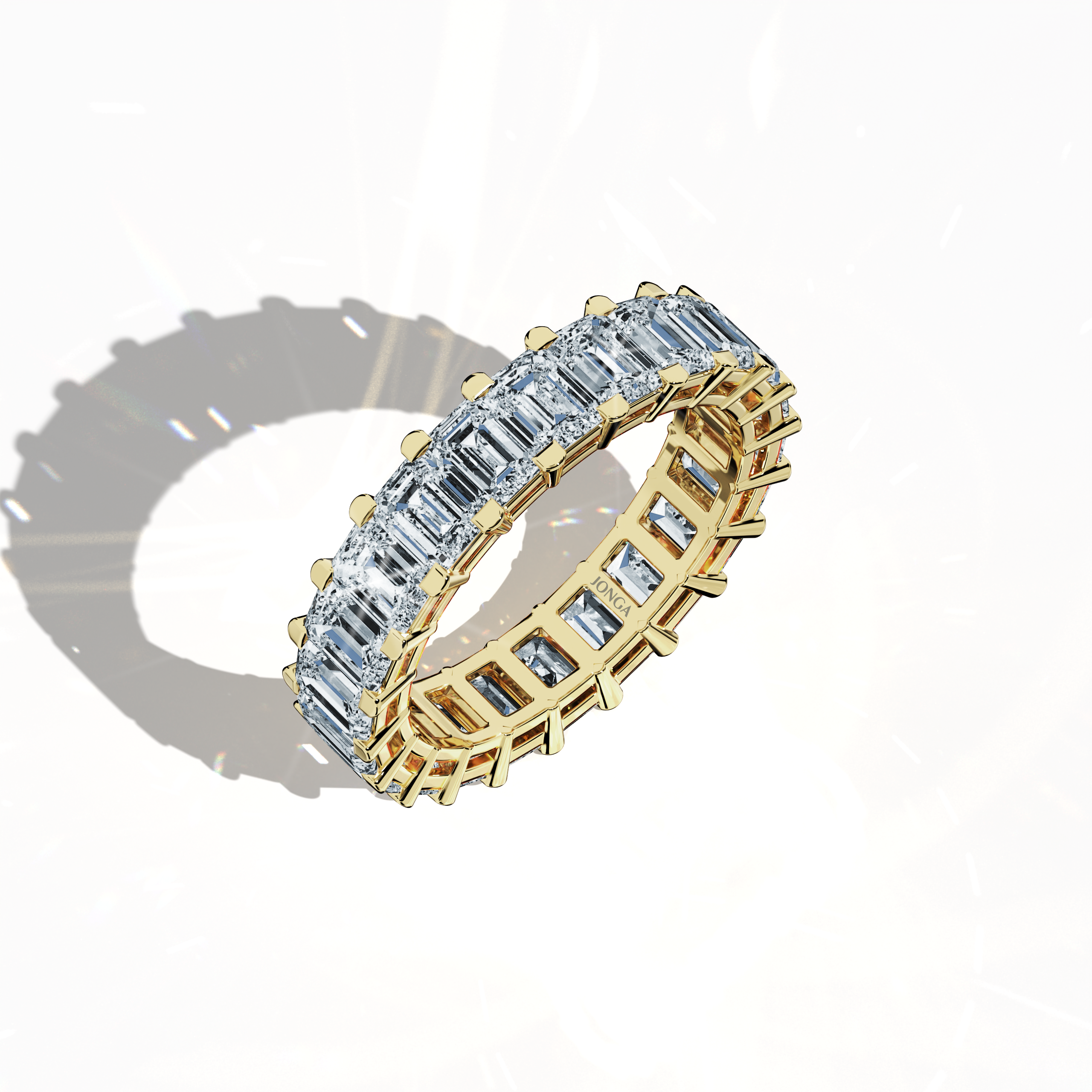 Exquisitely showcased in a standing front top side view, this Emerald Eternity ring in dazzling yellow gold, also referred to as classic or sunlit gold in diverse design traditions, exudes opulent allure. Known as Eternal Emerald, Infinity Emerald, and Everlasting Allure, its band is adorned with up to 24 sparkling diamonds totaling 4.55 carats that elegantly encircle a vibrant emerald centerpiece. Keywords: luxury, fine jewelry, innovative design, timeless elegance, masterful craftsmanship.