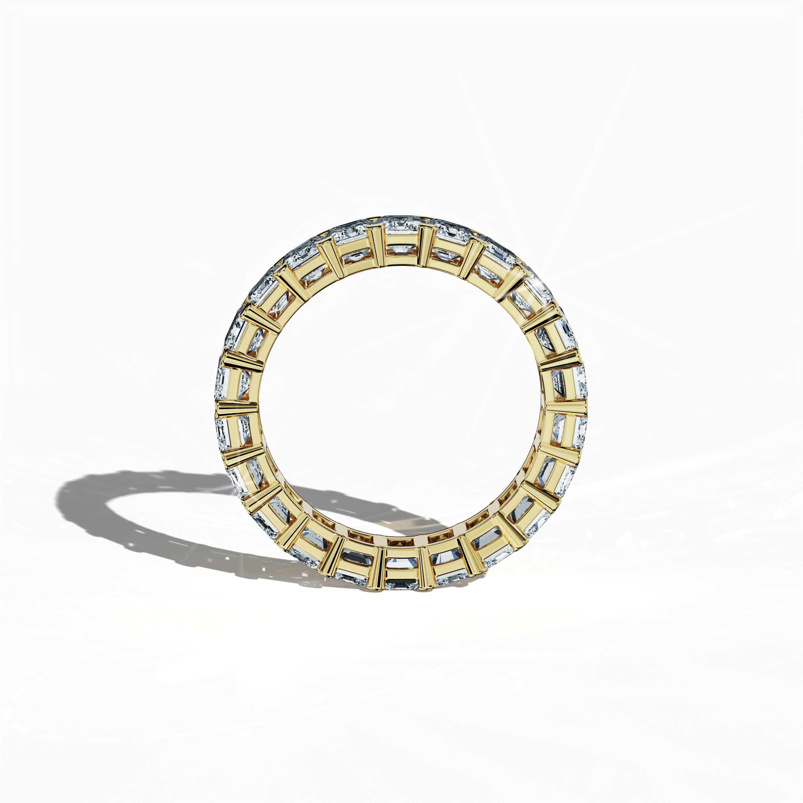 Presented in an elegant standing front view, this Emerald Eternity ring in luminous yellow gold—recognized alternatively as classic or sunlit gold—radiates unmatched sophistication. Adorned with revered design identities such as Eternal Emerald, Infinity Emerald, and Everlasting Allure, it boasts up to 24 brilliantly set diamonds totaling 4.55 carats, framing a rich emerald centerpiece. Keywords: luxury, fine jewelry, innovative design, timeless elegance, exceptional craftsmanship.