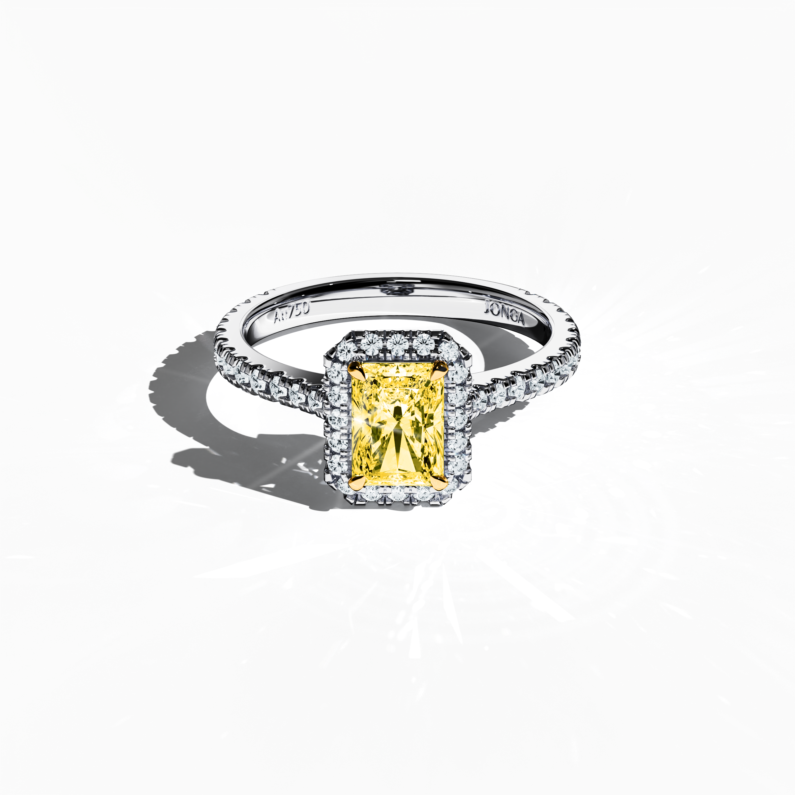 Displayed from a gentle sleeping front top view, this exquisite halo paved ring in pristine white gold presents a captivating 1 carat yellow radiant‐cut diamond center surrounded by a 0.60 carat halo of shimmering side stones, totaling 1.60 carats. The design integrates Classic Halo, Modern Halo, Vintage Halo, Contemporary Halo, and Eternity Halo styles inspired by radiant, brilliant, and oval cuts, with an icy, silvery finish reminiscent of refined platinum. Keywords: luxury, brilliance, sparkle, refined.