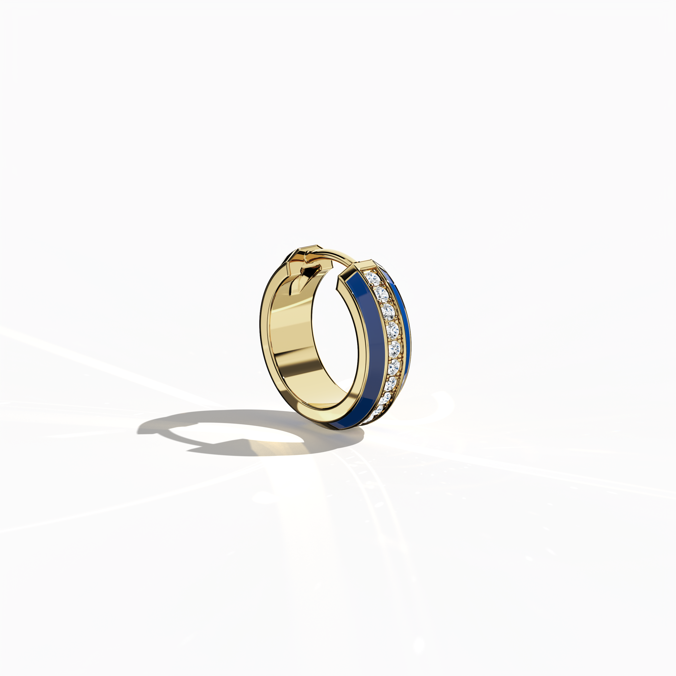 Front side view of Vibrant blue enamel pavé stud earring in yellow gold – a dazzling diamond ear accessory featuring a bold blue enamel finish set amid a meticulous pavé of tiny diamonds on a radiant yellow gold setting, ideal for a standout look.