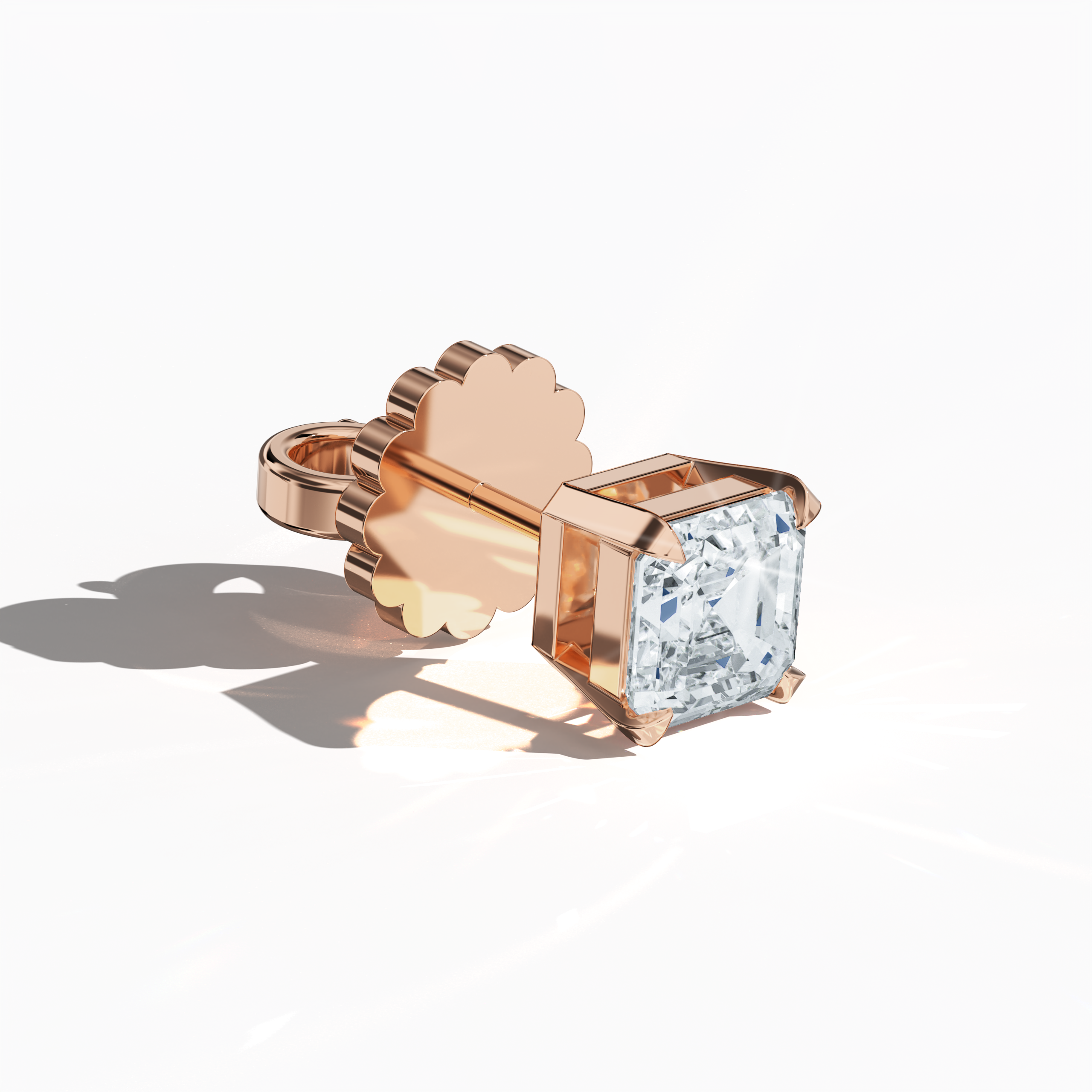 Front top side view of 1-carat natural diamond earring in 18k rose gold with nail prong setting; features an Asscher cut diamond (also referred to as square emerald cut or step cut diamond in certain markets) – luxury fine jewelry/fine jewellery ear accessory.
