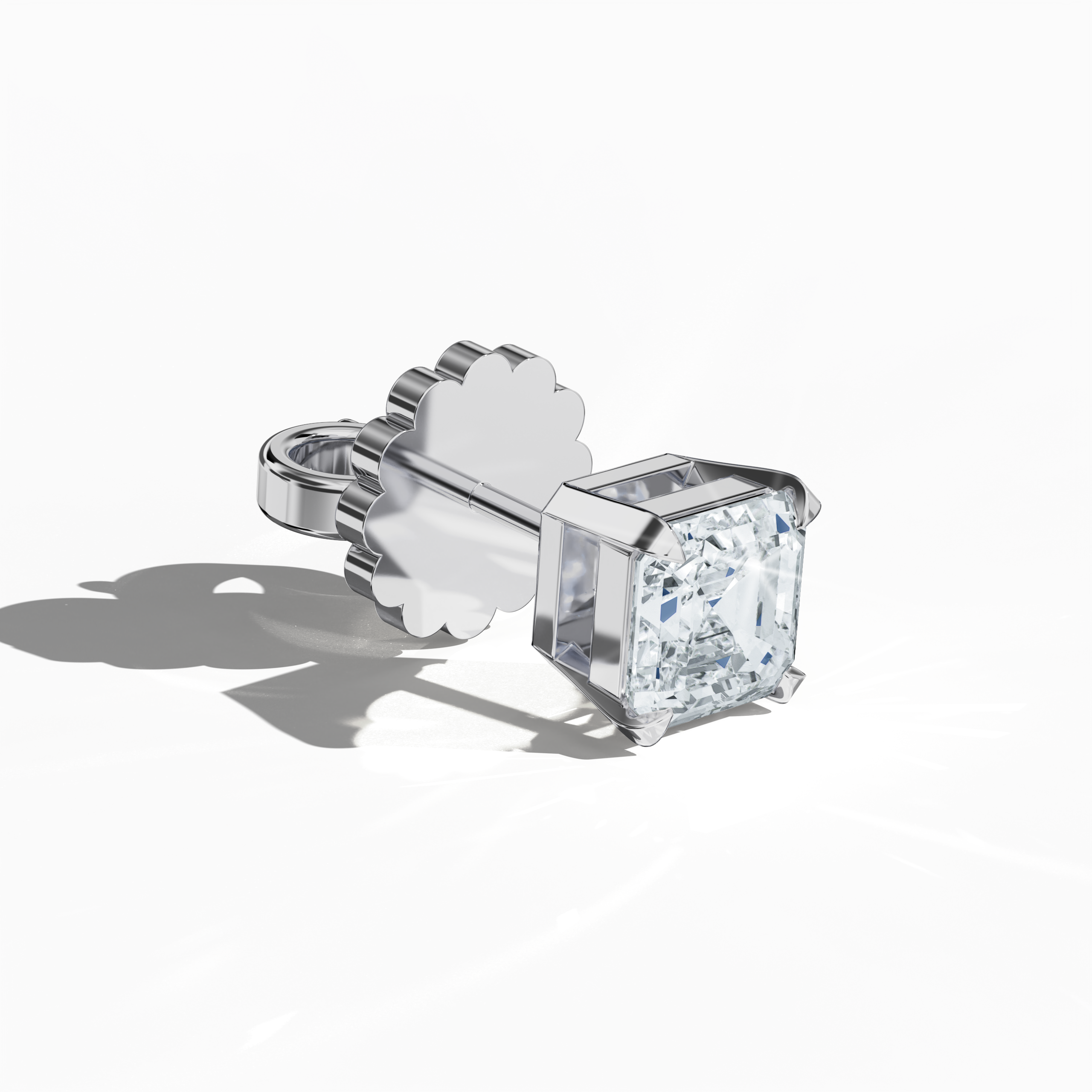 Front top side view of 1-carat natural diamond earring in 18k white gold with nail prong setting; features an Asscher cut diamond (also referred to as square emerald cut or step cut diamond in certain markets) – luxury fine jewelry/fine jewellery ear accessory.