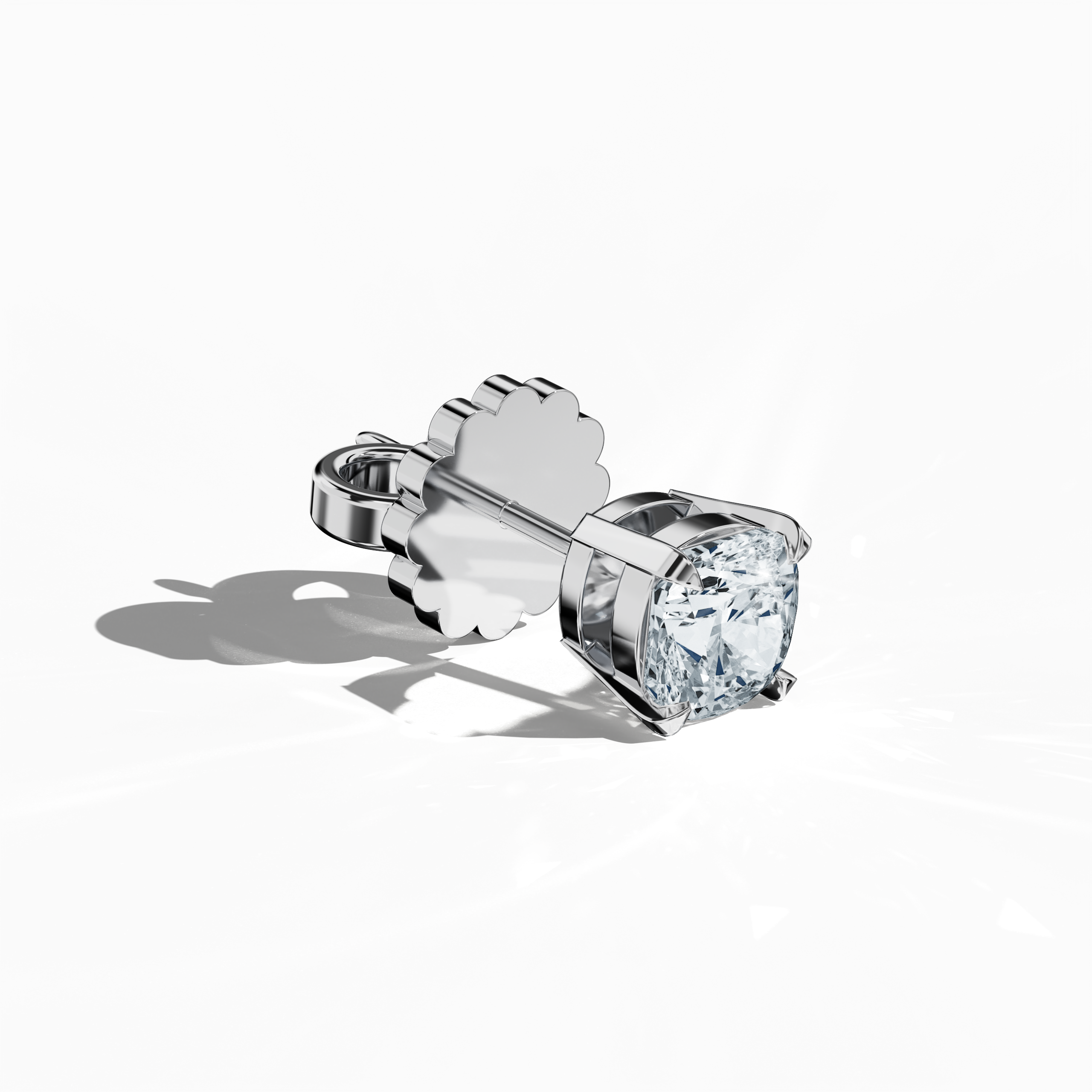 Front top side view of 1-carat natural diamond earring in 18k white gold with nail prong setting; features a cushion cut diamond (also known as cushion brilliant or pillow cut diamond in various regions) – luxury fine jewelry/fine jewellery ear accessory.