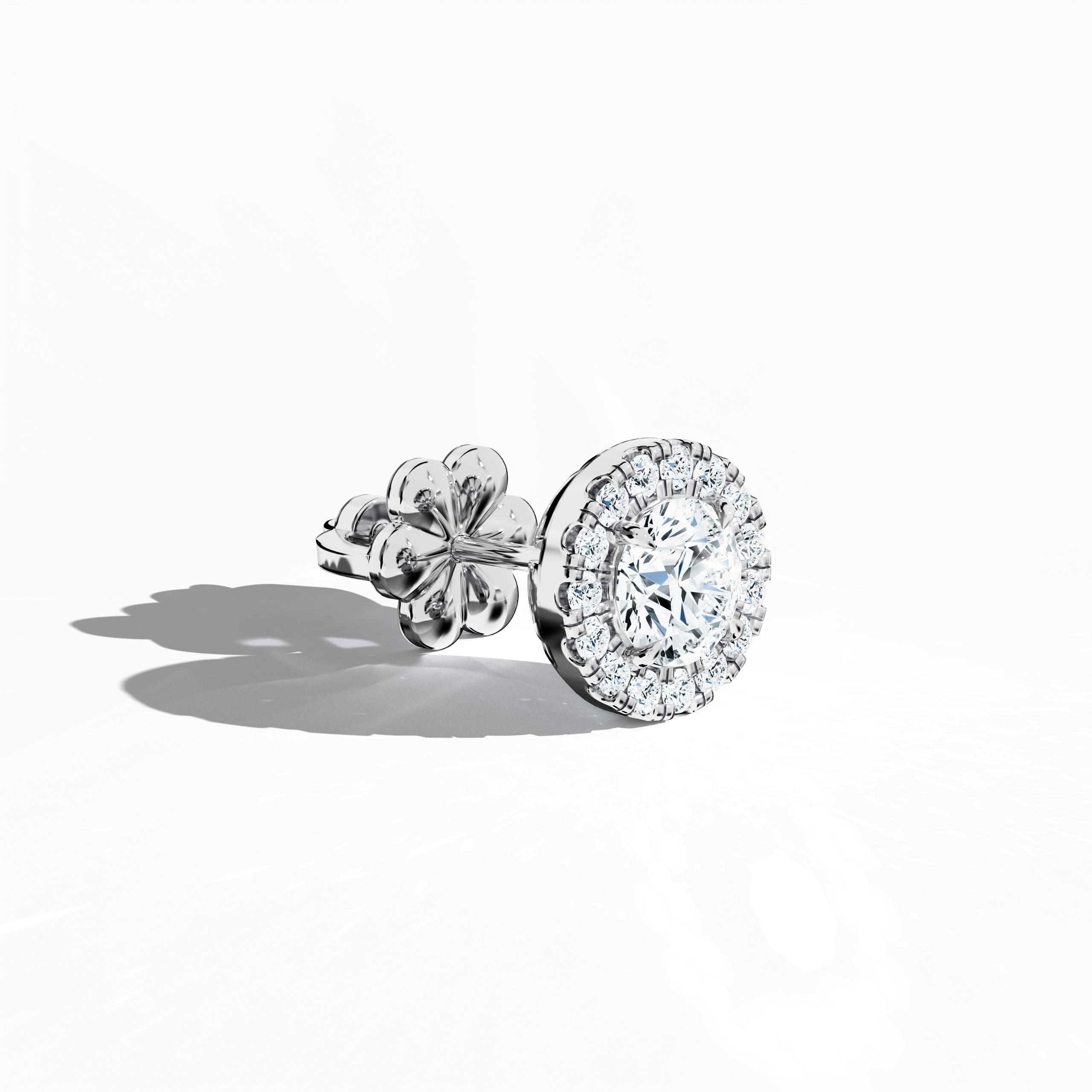 Front top side view of 1.30 carat natural diamond eternity halo earrings in nail prong/ claw settings with flower butterfly screw lock in 18k White gold.