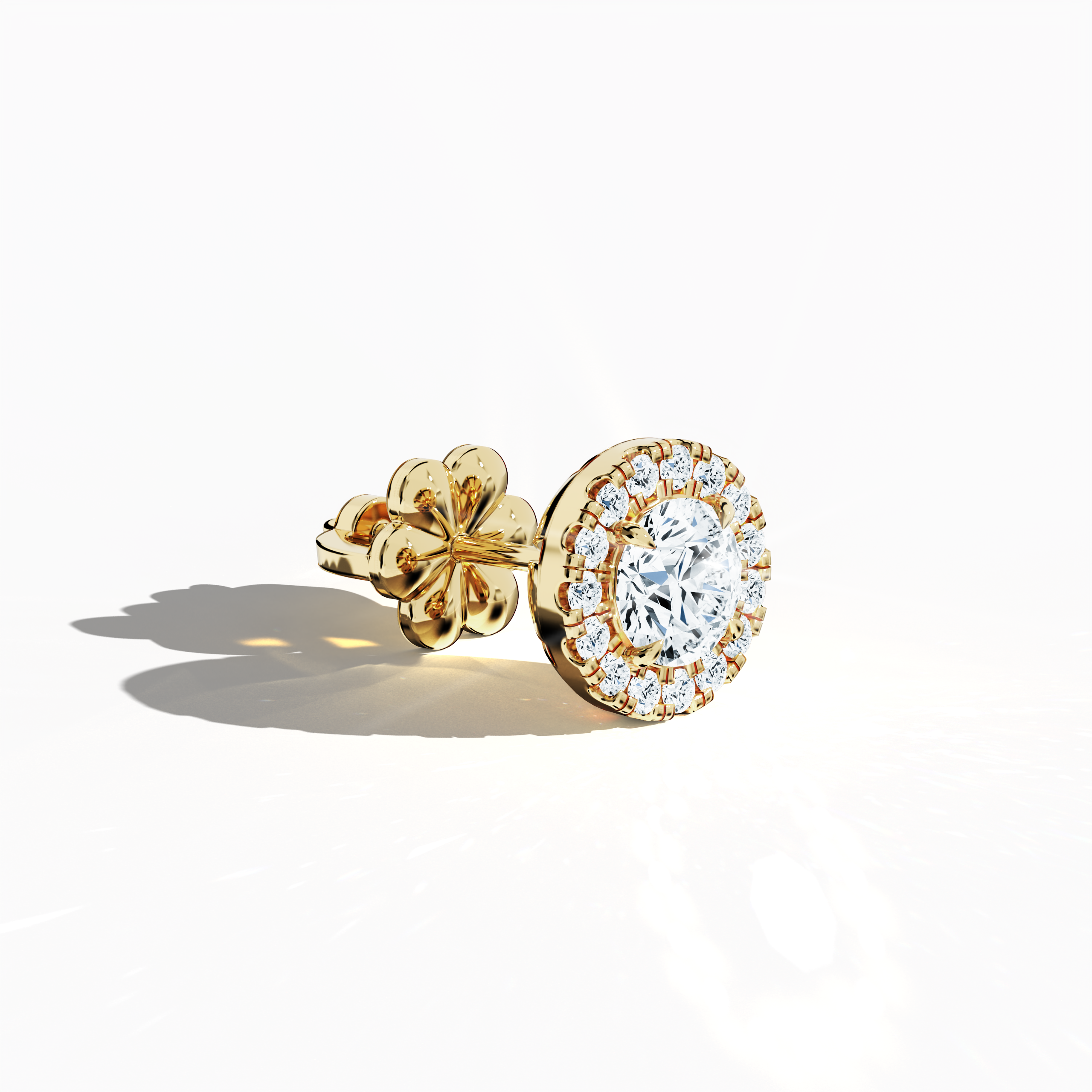 Front top side view of 1.30 carat natural diamond eternity halo earrings in nail prong/ claw settings with flower butterfly screw lock in 18k yellow gold.