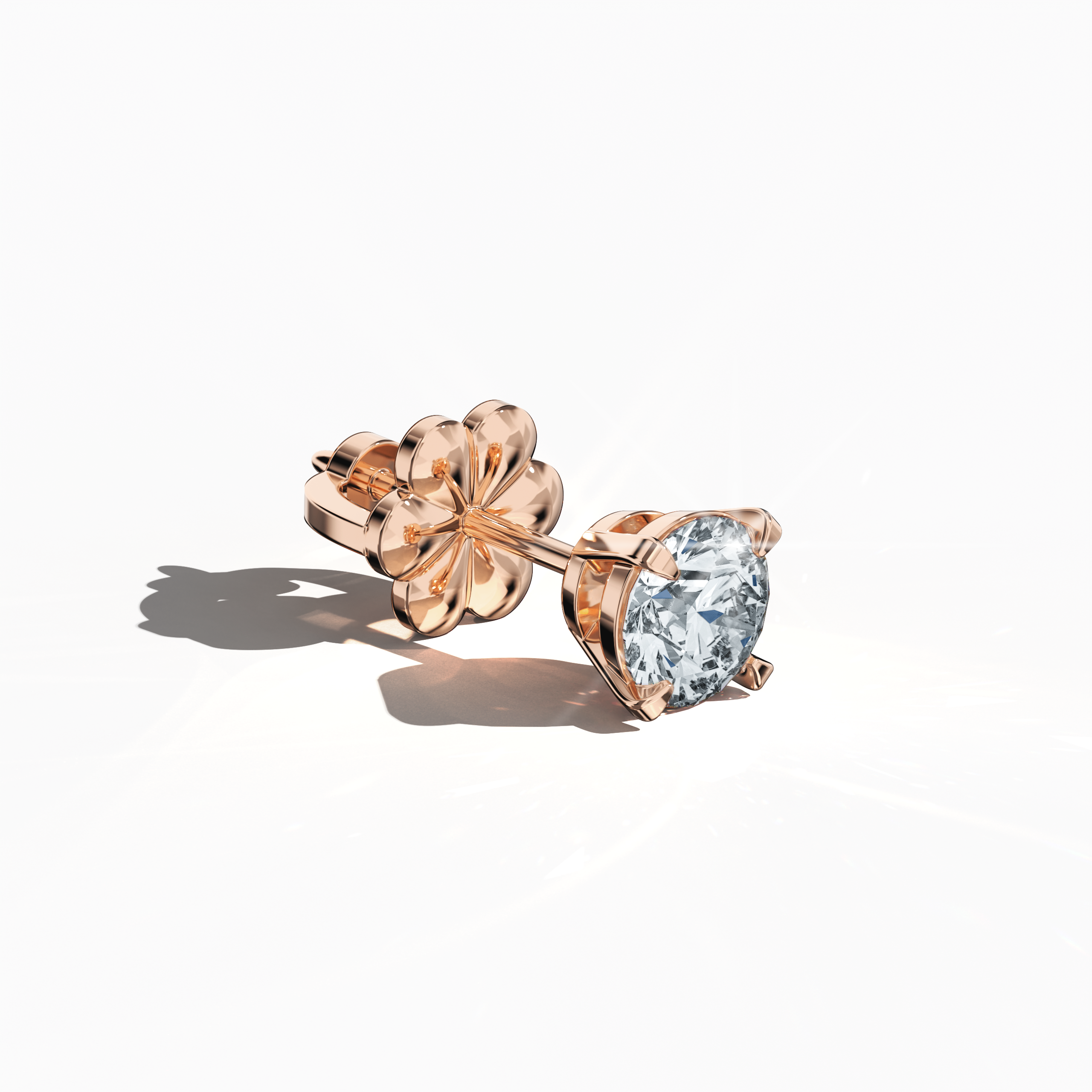 Front top side view of 1 Ct Natural Diamond Earrings in 18K Rose Gold - Classic Basket & Nail Prong Setting