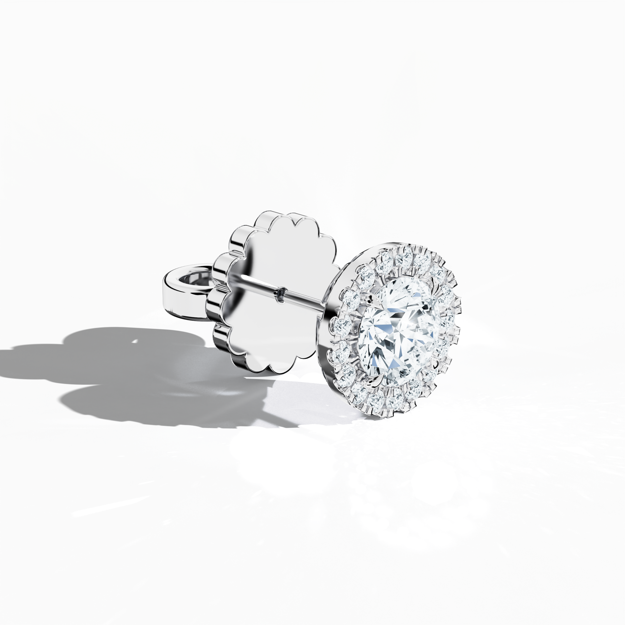 Front top side view of 2.40 carat natural diamond eternity halo earrings in nail prong/ claw settings with flower butterfly screw lock in 18k White gold.