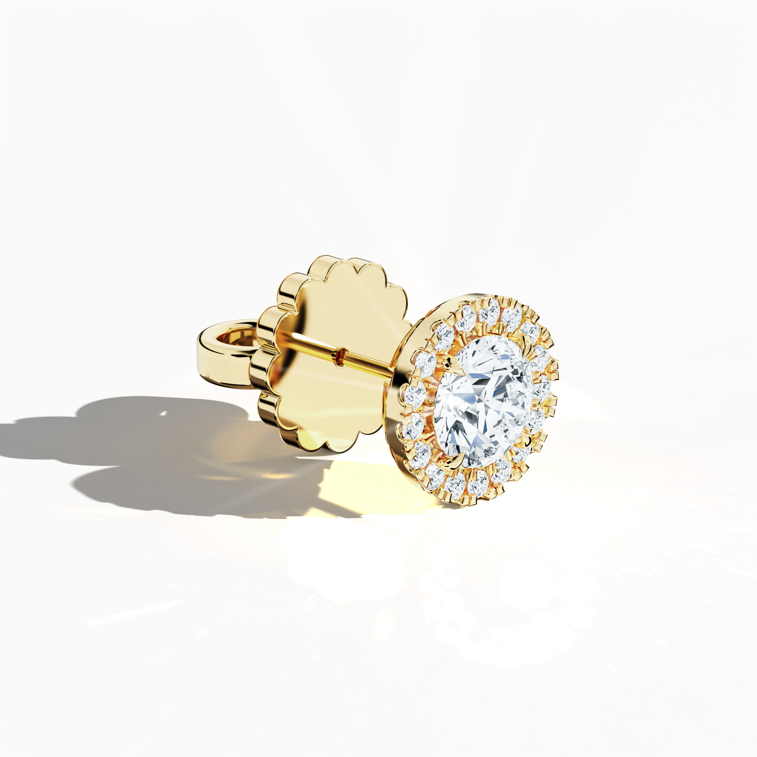 Front top side view of 2.40 carat natural diamond eternity halo earrings in nail prong/ claw settings with flower butterfly screw lock in 18k Yellow gold.