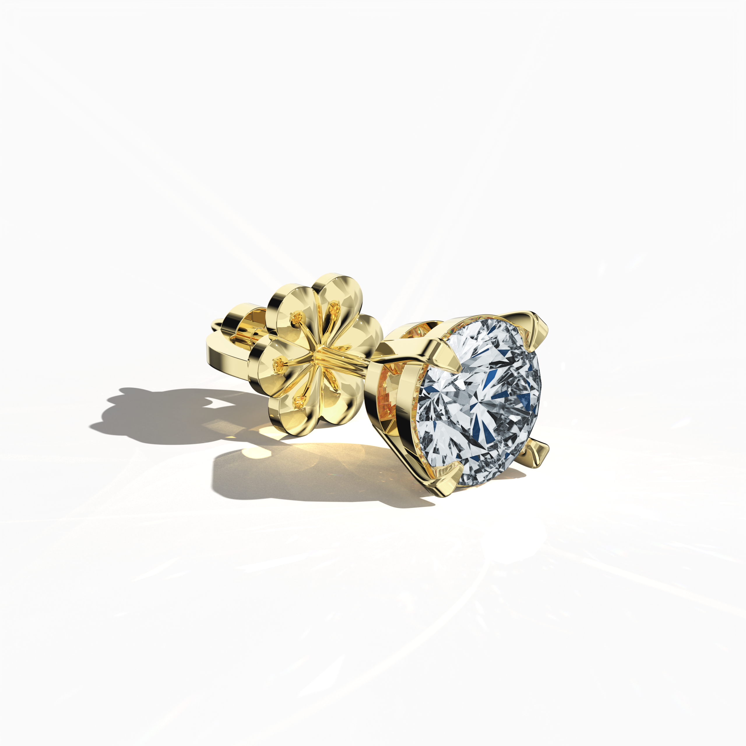 Front top side view of 2 carat natural diamond stud earrings in classic basket and Nail Prong/claw settings, crafted in 18k yellow gold.
