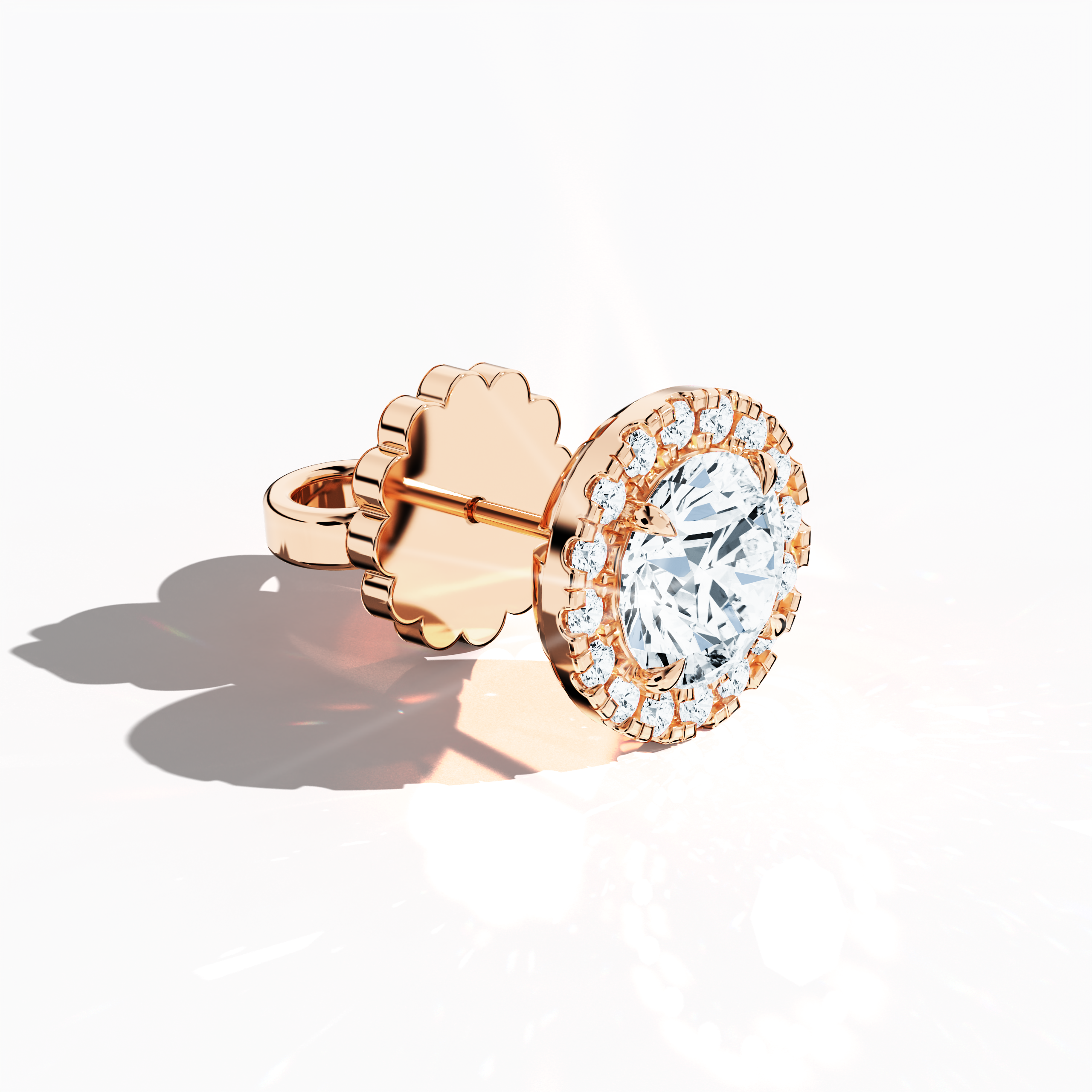 Front top side view of 4.40 carat natural diamond eternity halo earrings in nail prong/ claw settings with flower butterfly screw lock in 18k Rose gold.