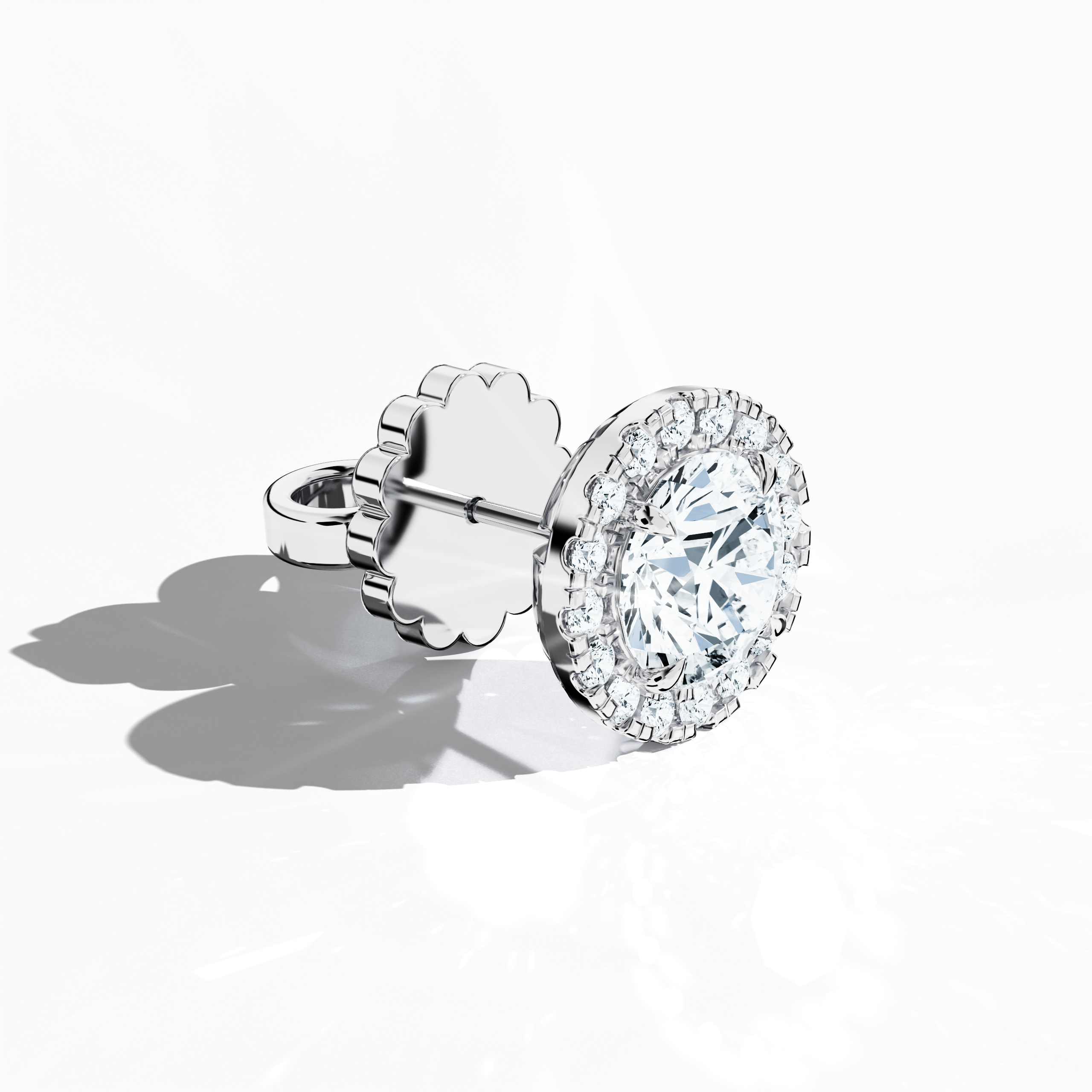 Front top side view of 4.40 carat natural diamond eternity halo earrings in nail prong/ claw settings with flower butterfly screw lock in 18k white gold.
