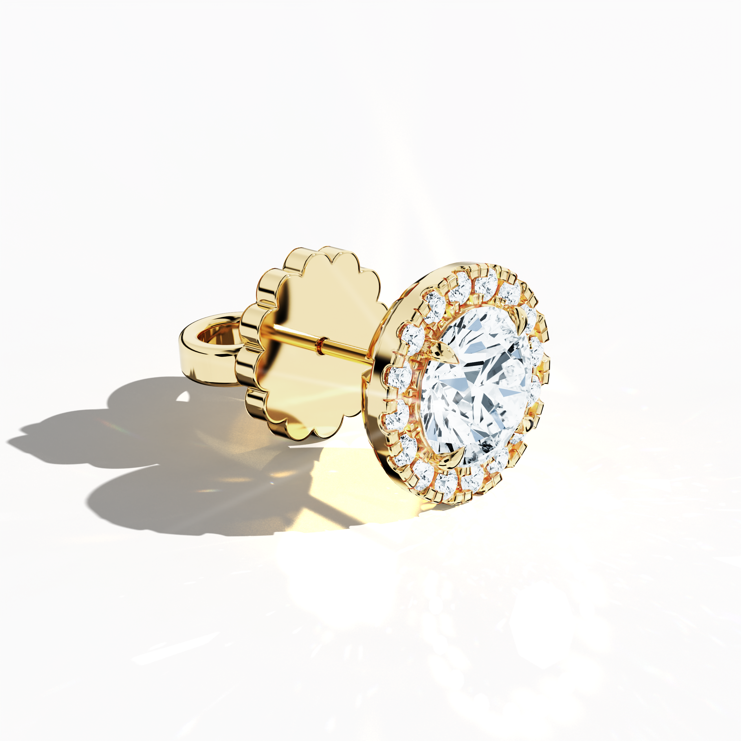 Front top side view of 4.40 carat natural diamond eternity halo earrings in nail prong/ claw settings with flower butterfly screw lock in 18k yellow gold.