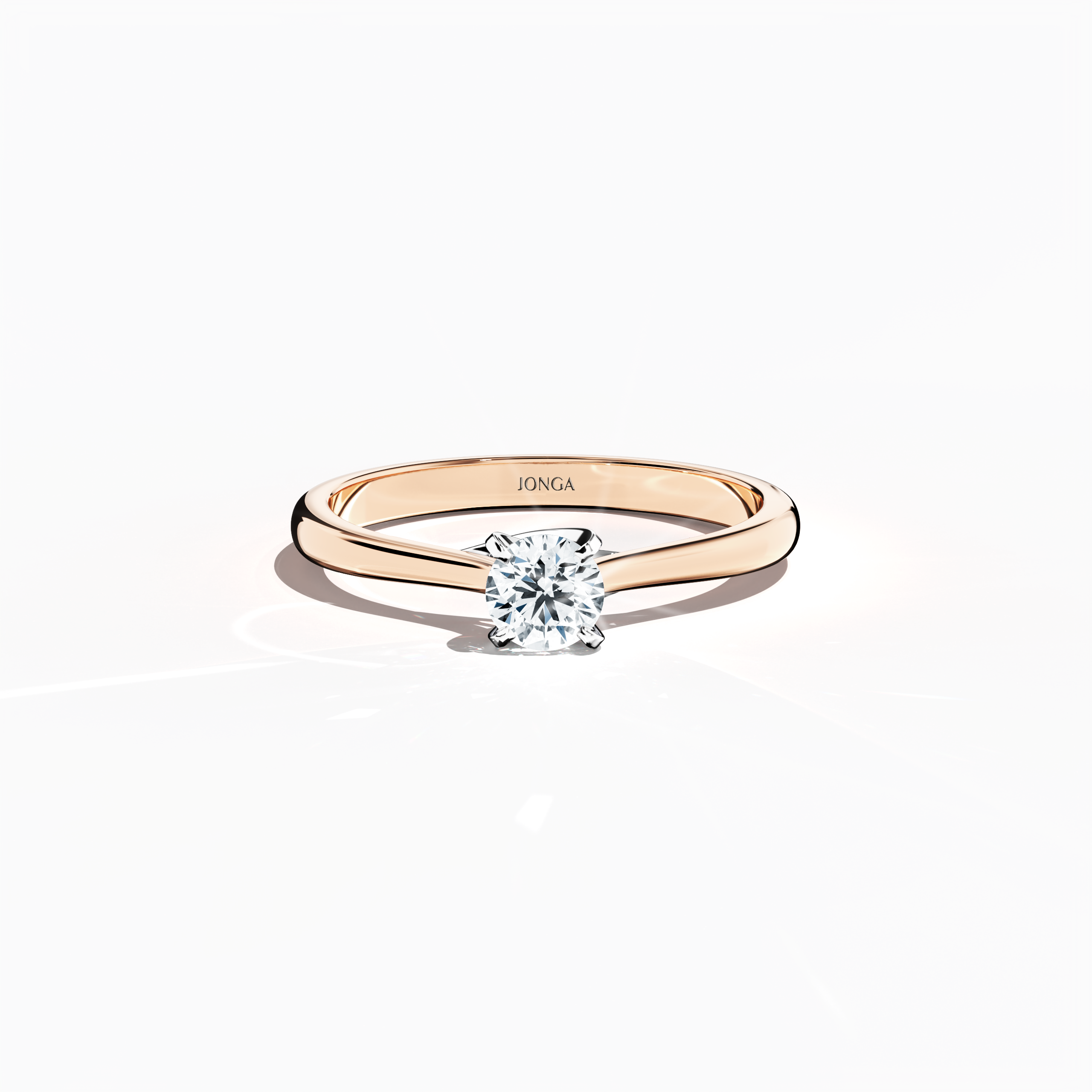 Elegant 0.30 ct diamond solitaire ring featuring a unique twisted bottom setting and four‑tap prongs in white gold, set with a soft rose gold band (blush/pink gold). Captured from a sleeping front top view, this fine jewelry/fine jewellery ring highlights its refined design and gentle, luminous finish.