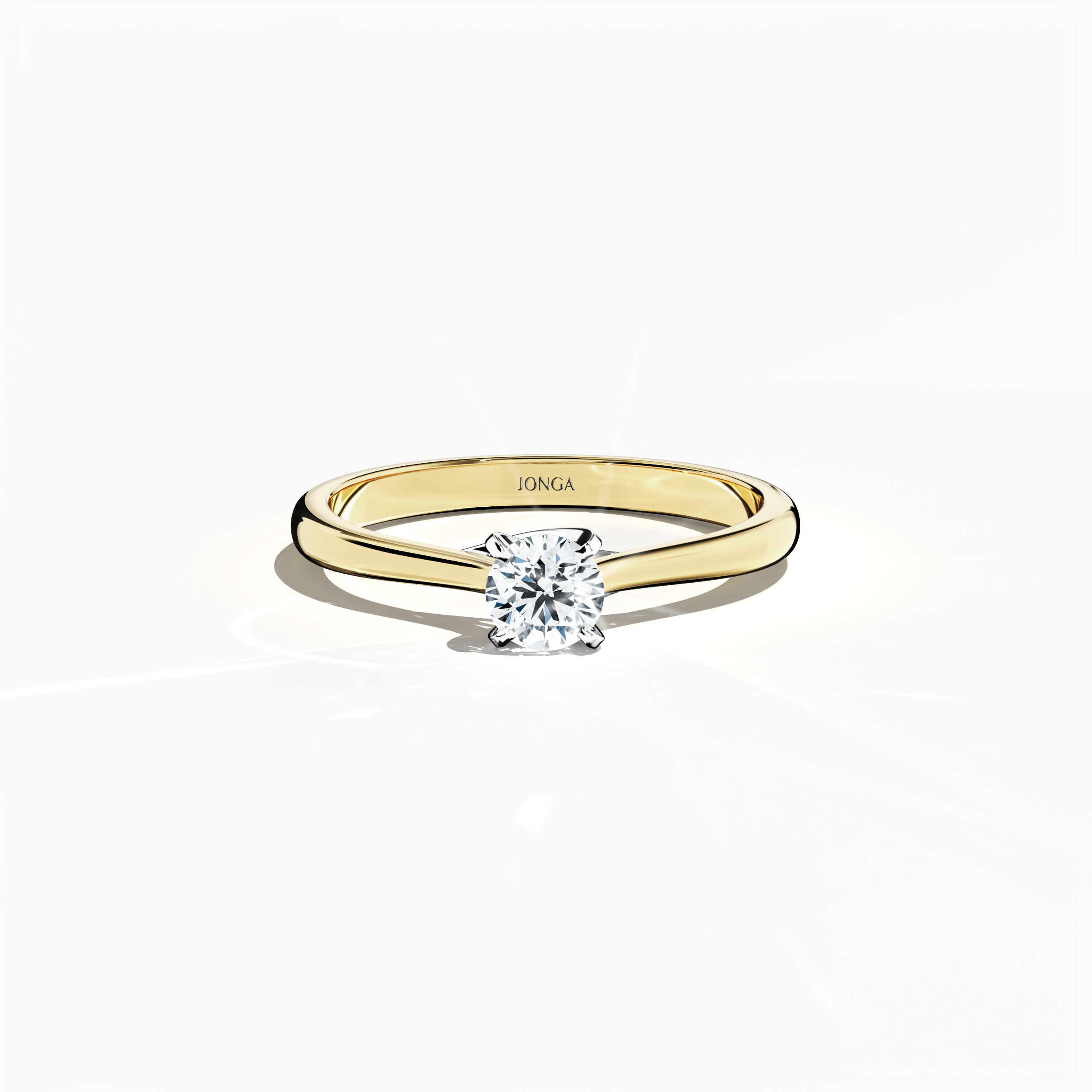 Elegant 0.30 ct diamond solitaire ring featuring a unique twisted bottom setting and four‑tap white gold prongs, set with a rich yellow gold band (classic/warm yellow gold). Captured from a sleeping front top view, this fine jewelry/fine jewellery ring highlights its brilliant center diamond and warm, luminous finish.