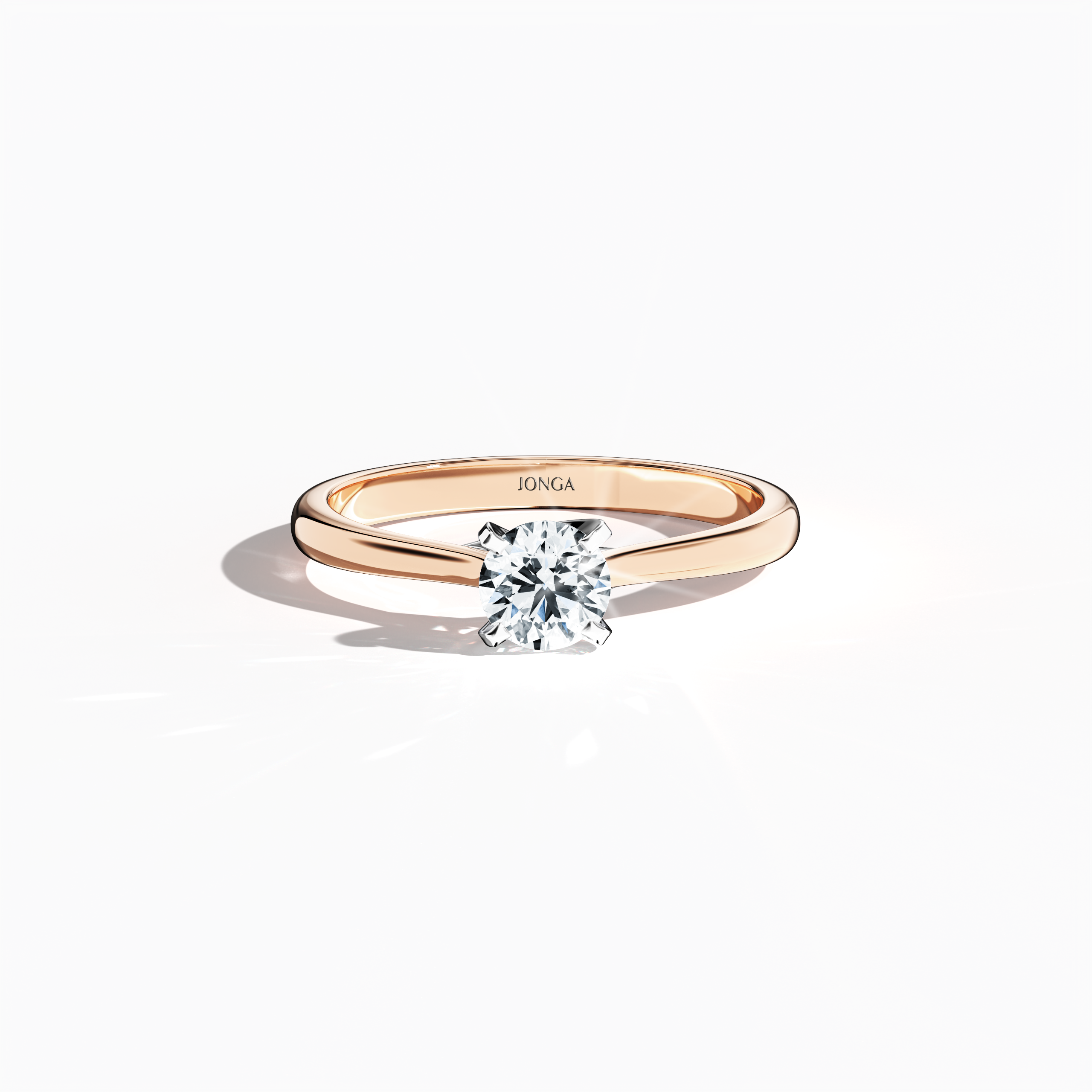Elegant 0.50 ct diamond solitaire ring featuring a unique twisted bottom setting with four‑tap prongs in white gold, set with a soft rose gold band (blush/pink gold). Captured from a sleeping front top view, this fine jewelry/fine jewellery ring highlights its refined profile and gentle, luminous finish.