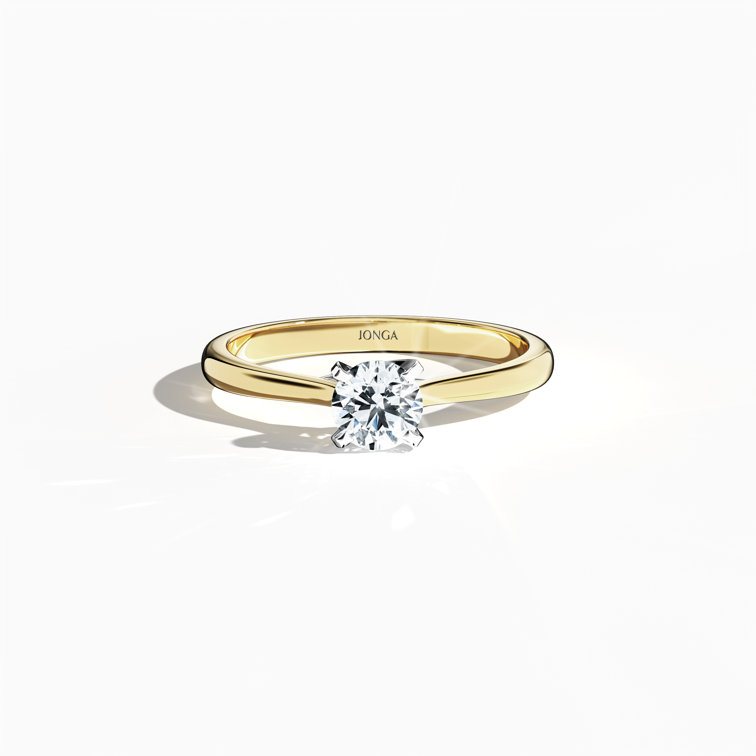 Elegant 0.50 ct diamond solitaire ring featuring a unique twisted bottom setting with four‑tap prongs in white gold, set with a rich yellow gold band (classic/warm yellow gold). Captured from a sleeping front top view, this fine jewelry/fine jewellery ring highlights its brilliant center stone and warm, luminous finish.
