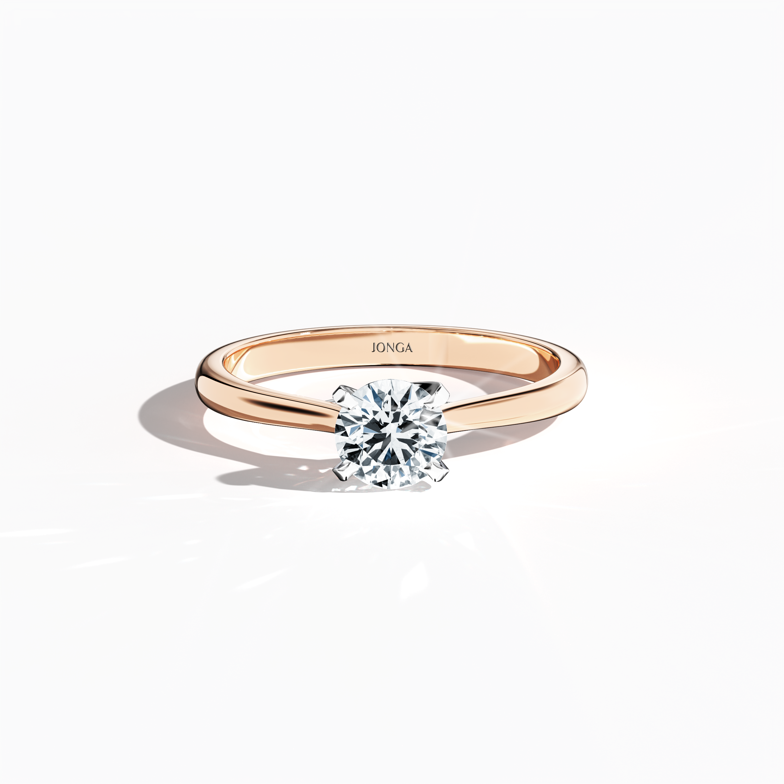 Elegant 0.70 ct diamond solitaire ring featuring a unique twisted bottom setting with four‑tap prongs in white gold, set with a soft rose gold band (blush/pink gold). Captured from a sleeping front top view, this fine jewelry/fine jewellery ring highlights its delicate lines and gentle, luminous finish.