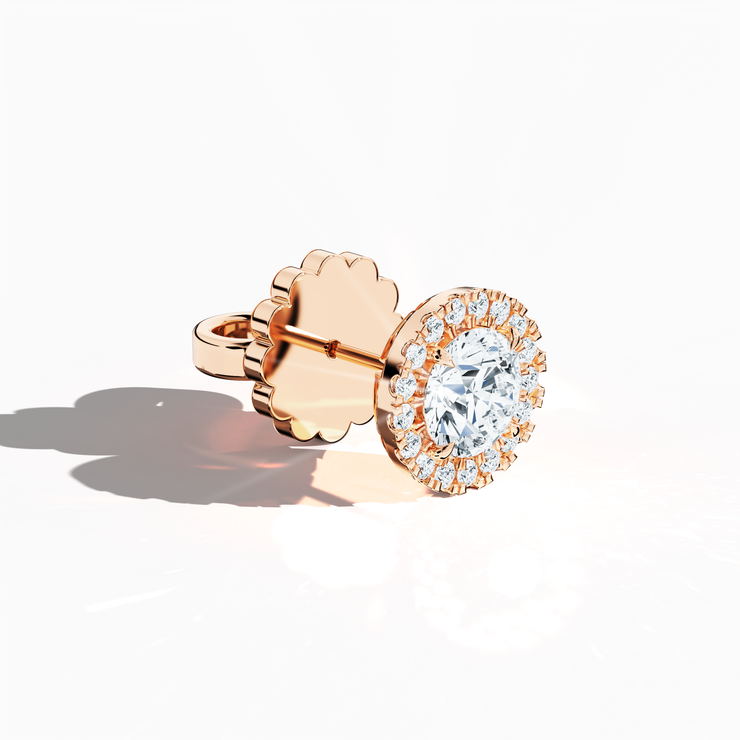Front top view of 2.40 carat natural diamond eternity halo earrings in nail prong/ claw settings with flower butterfly screw lock in 18k Rose gold.